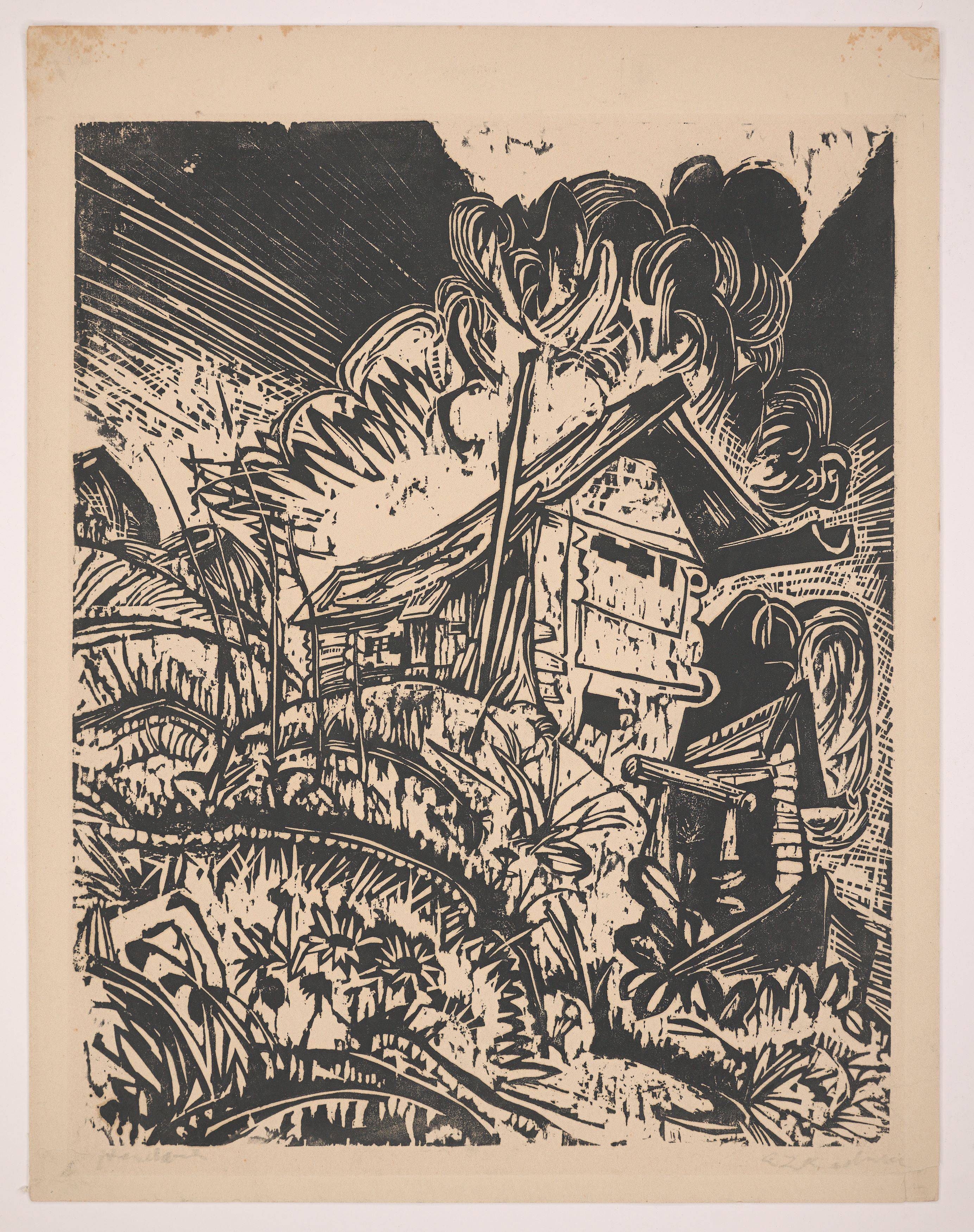 Auf diesem Bild ist das folgende Kunstwerk zu sehen: Ernst Ludwig Kirchner. „Berghaus mit Gewitterwolke. Alphütte bei Gewitter“. 1917.
