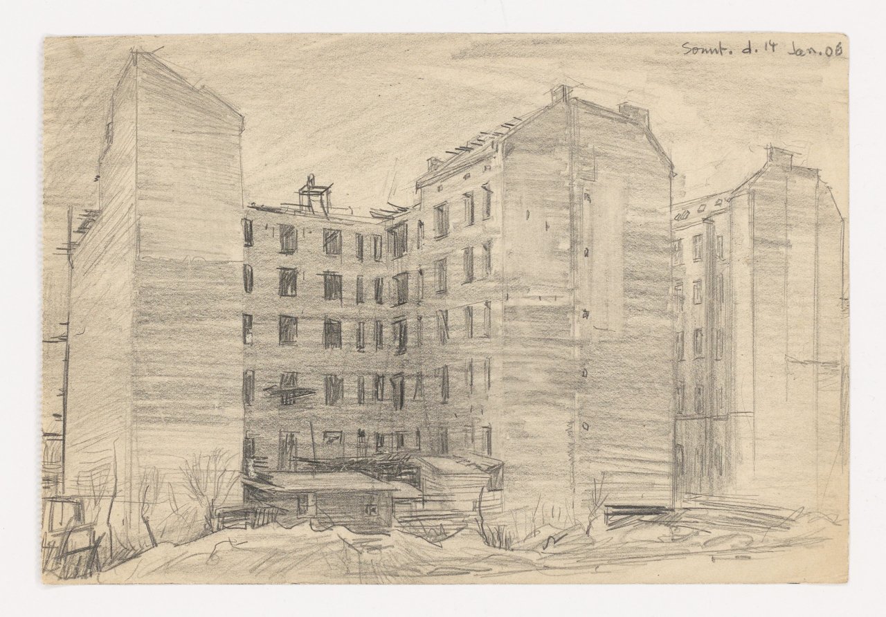 This picture shows the following artwork: Lyonel Feininger. ”Wohnhäuser, Berlin (Apartment Buildings, Berlin)”. 1906.