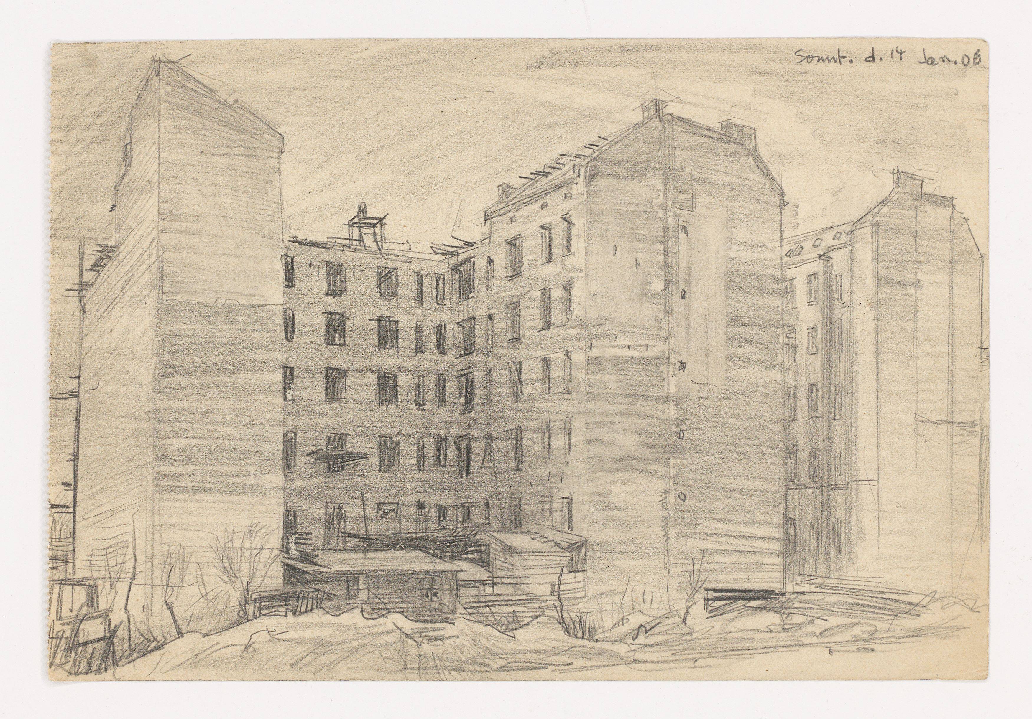 This picture shows the following artwork: Lyonel Feininger. ”Wohnhäuser, Berlin (Apartment Buildings, Berlin)”. 1906.