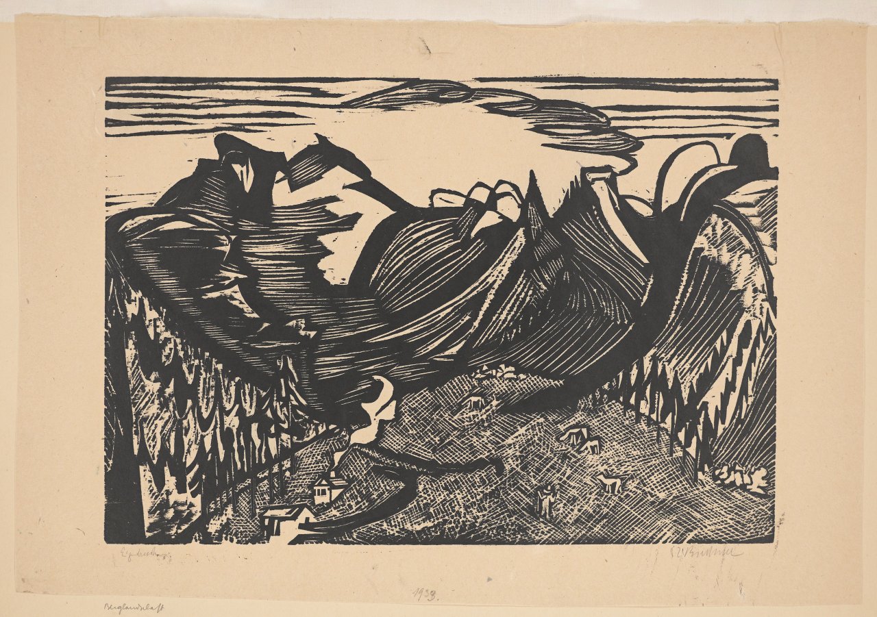 Auf diesem Bild ist das folgende Kunstwerk zu sehen: Ernst Ludwig Kirchner. „Berglandschaft mit Alp“. 1933.