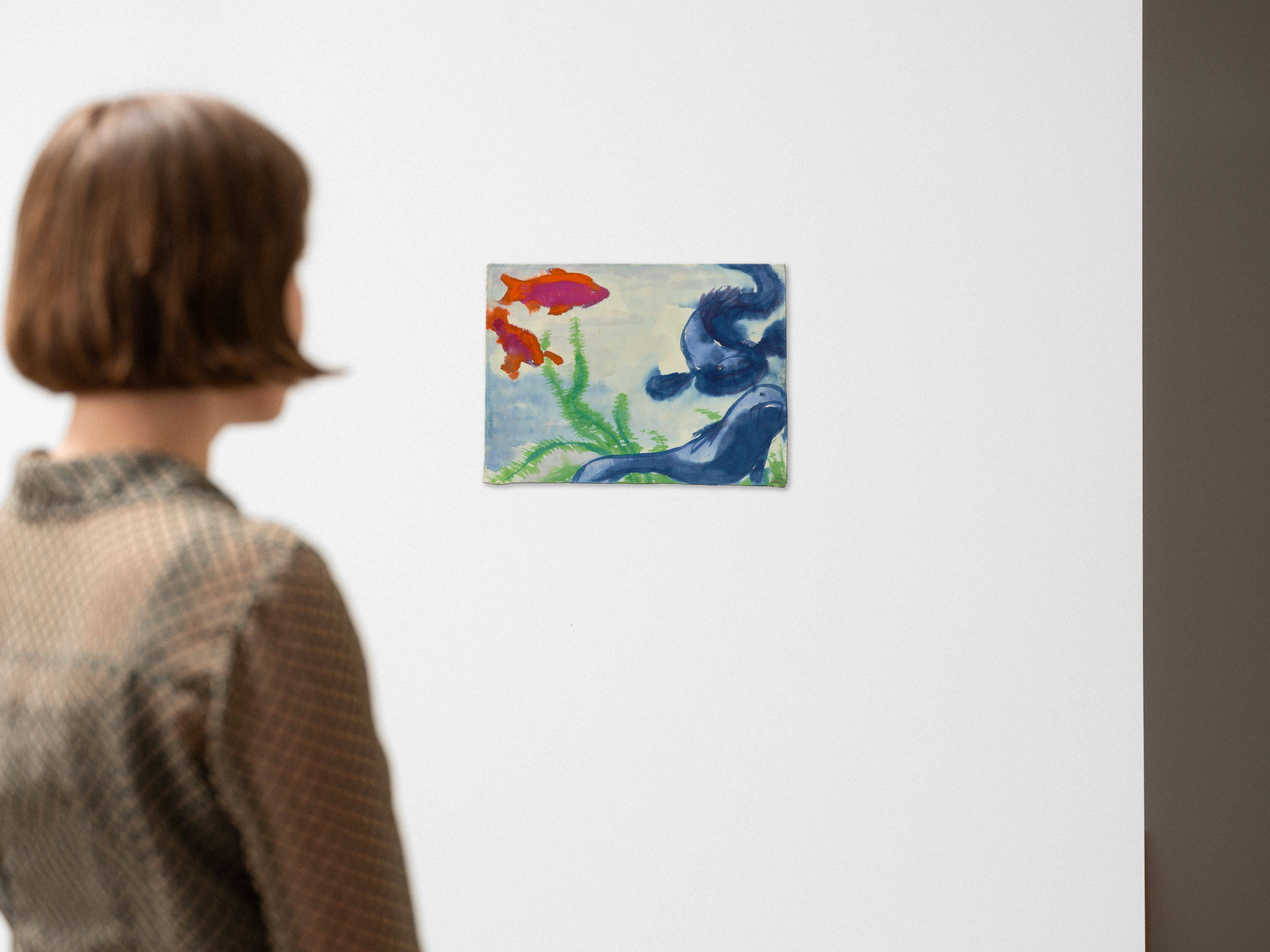 Auf diesem Bild ist das folgende Kunstwerk zu sehen: Emil Nolde. „Blaue und rote Zierfische im Aquarium“. Um 1923/24.