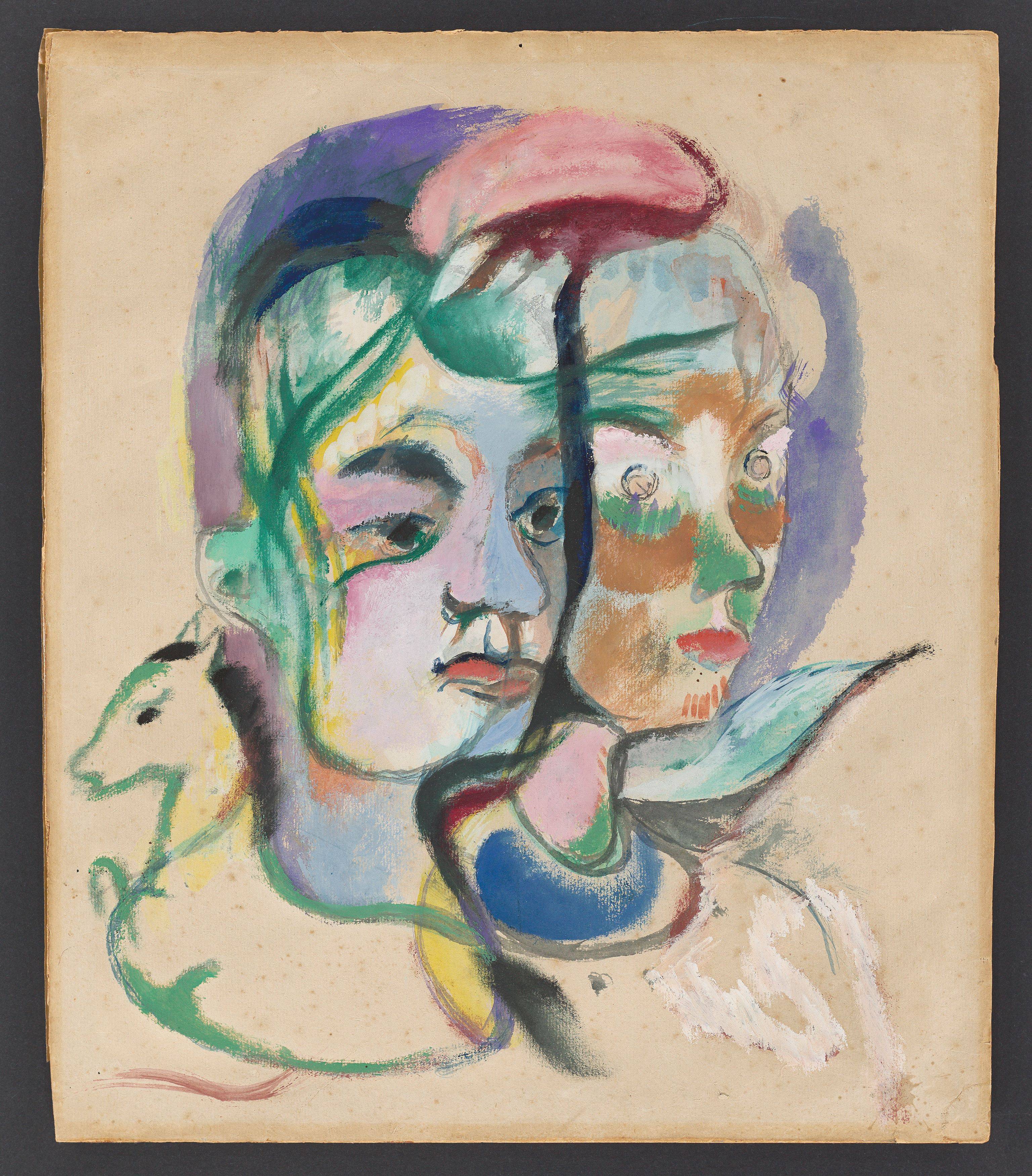 Auf diesem Bild ist das folgende Kunstwerk zu sehen: Heinrich Campendonk. „Zwei Kinderköpfe“. Um 1915.