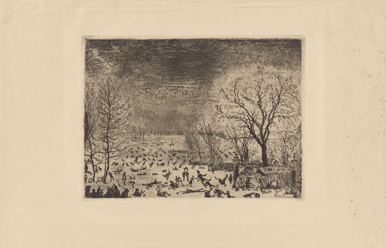 Auf diesem Bild ist das folgende Kunstwerk zu sehen: James Ensor. „Les patineurs“. 1889.