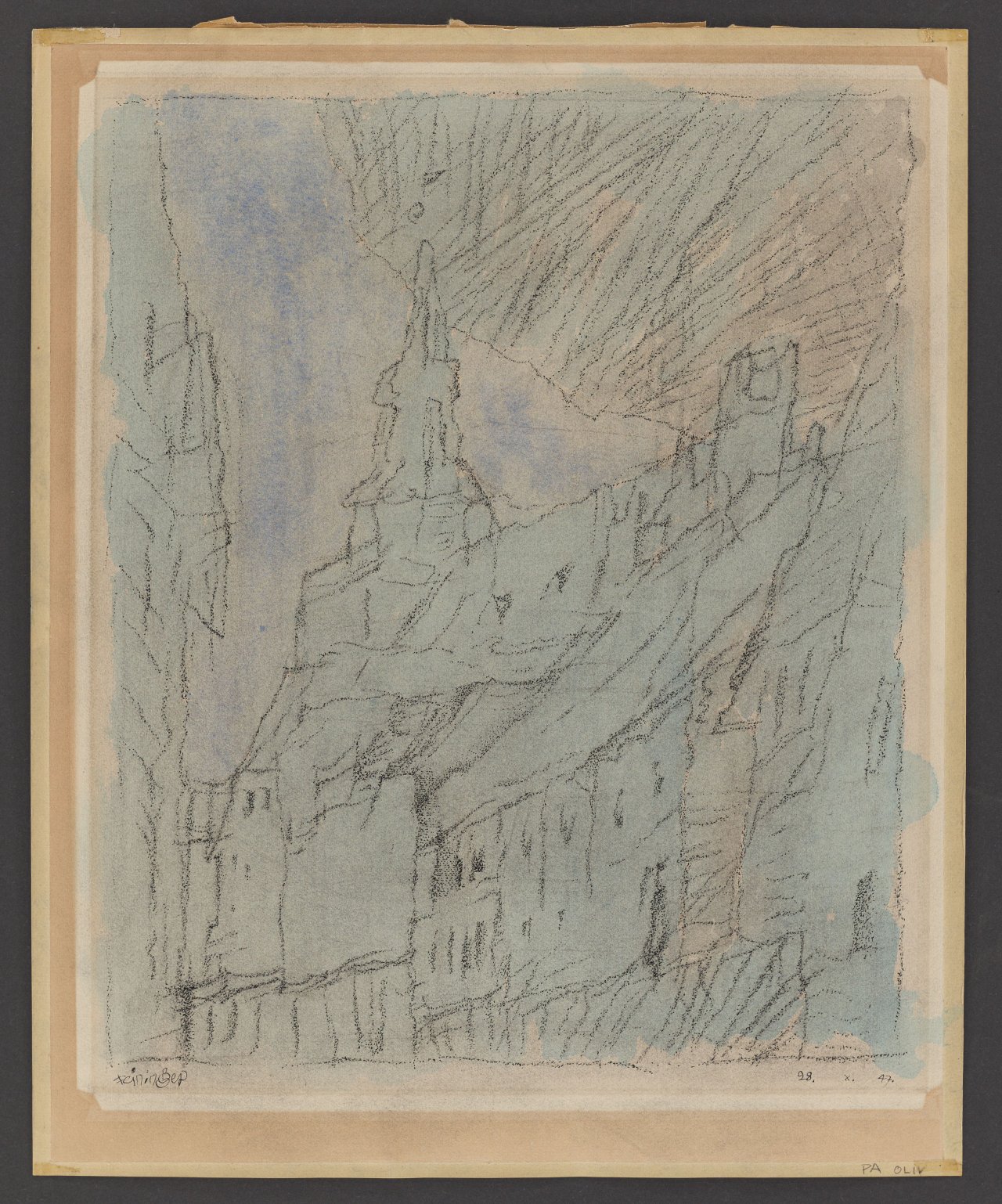 Auf diesem Bild ist das folgende Kunstwerk zu sehen: Lyonel Feininger. Häuser. 1947.
