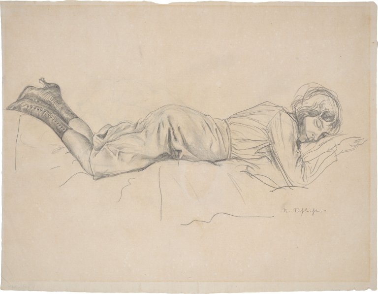 This picture shows the following artwork: Rudolf Schlichter. Reclining woman in high button shoes. Circa 1928.
