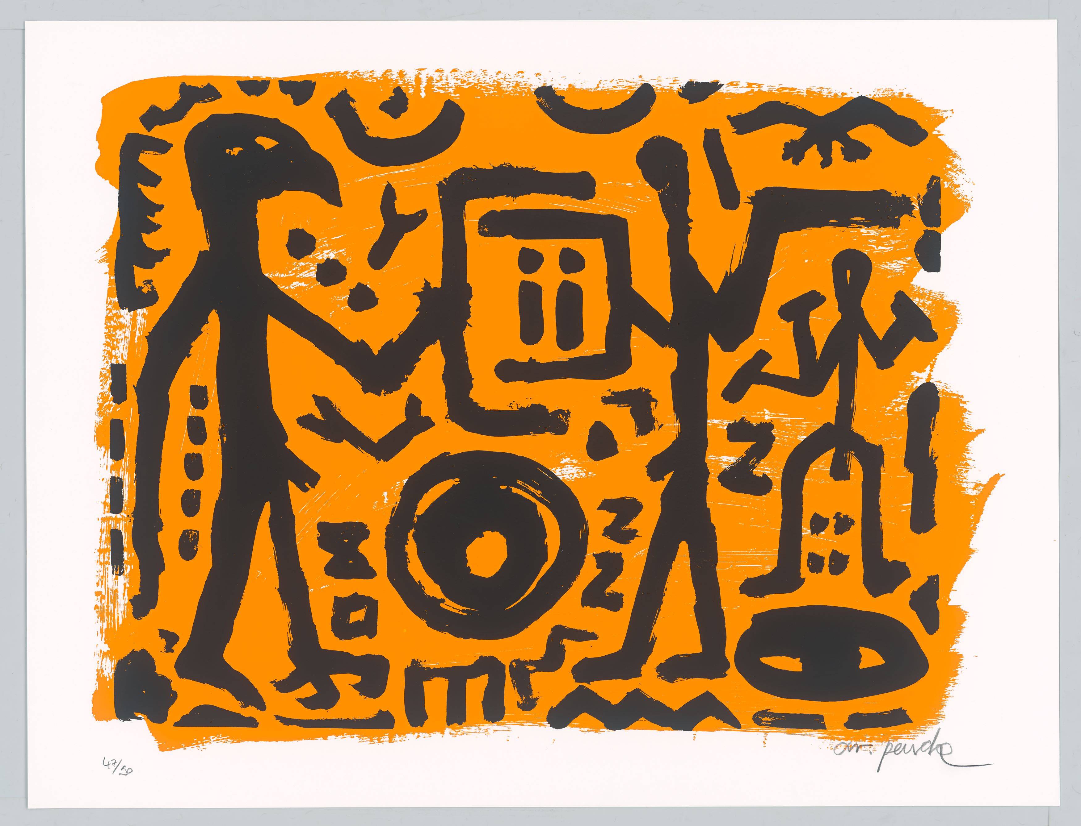 This picture shows the following artwork: A.R. Penck. ”Falkenkopf, Jäger und Adler”. 1994.