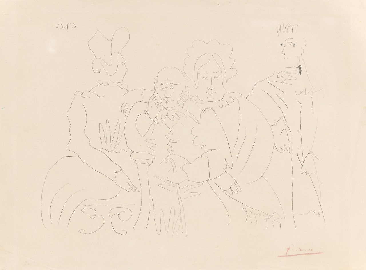 This picture shows the following artwork: Pablo Picasso. ”Portrait de famille, quatre personnages dont trois assis”. 1962.