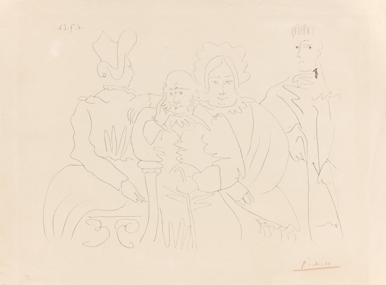 Auf diesem Bild ist das folgende Kunstwerk zu sehen: Pablo Picasso. „Portrait de famille, quatre personnages dont trois assis“. 1962.