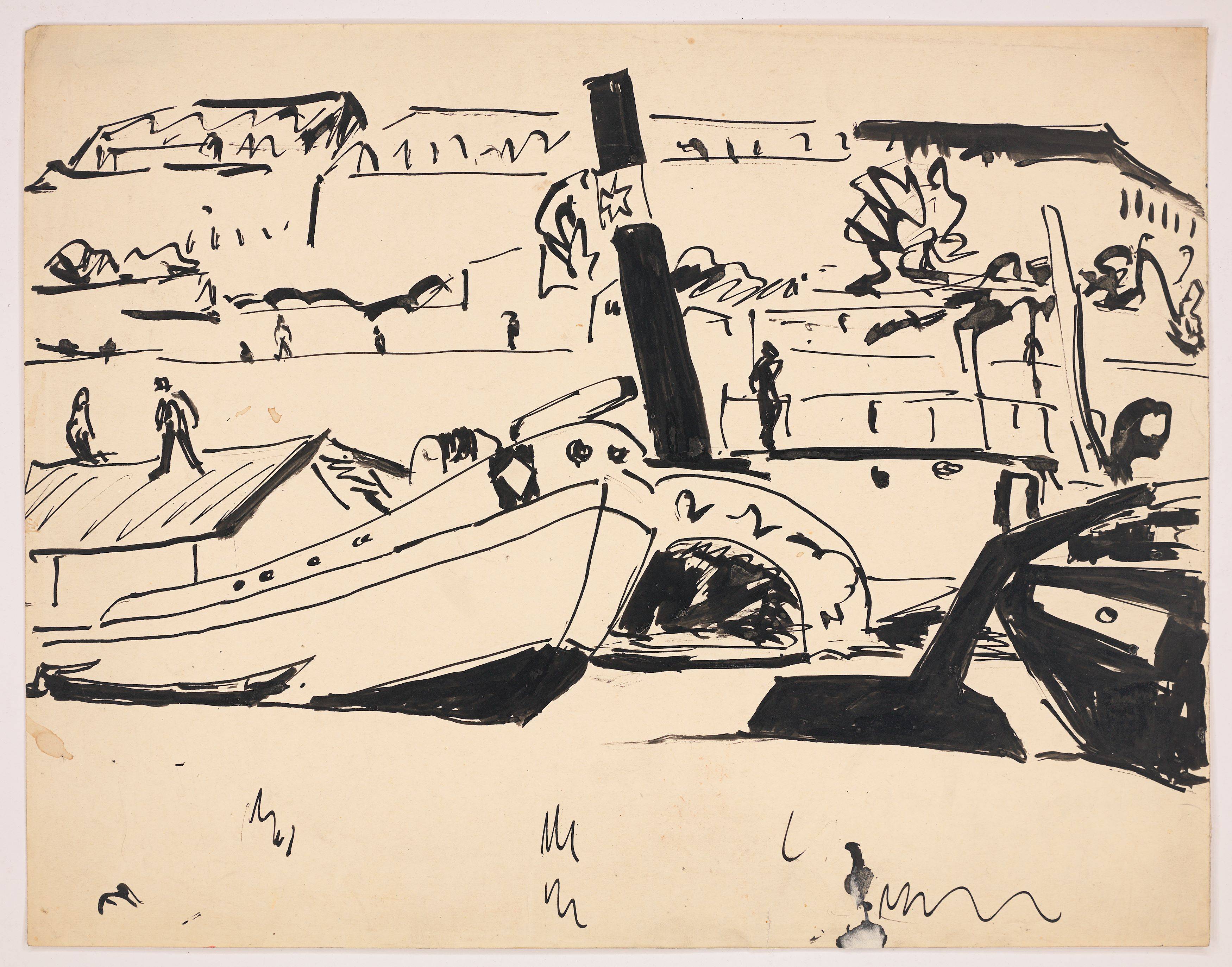 This picture shows the following artwork: Ernst Ludwig Kirchner. Elbe barges and tugboats. 1910.