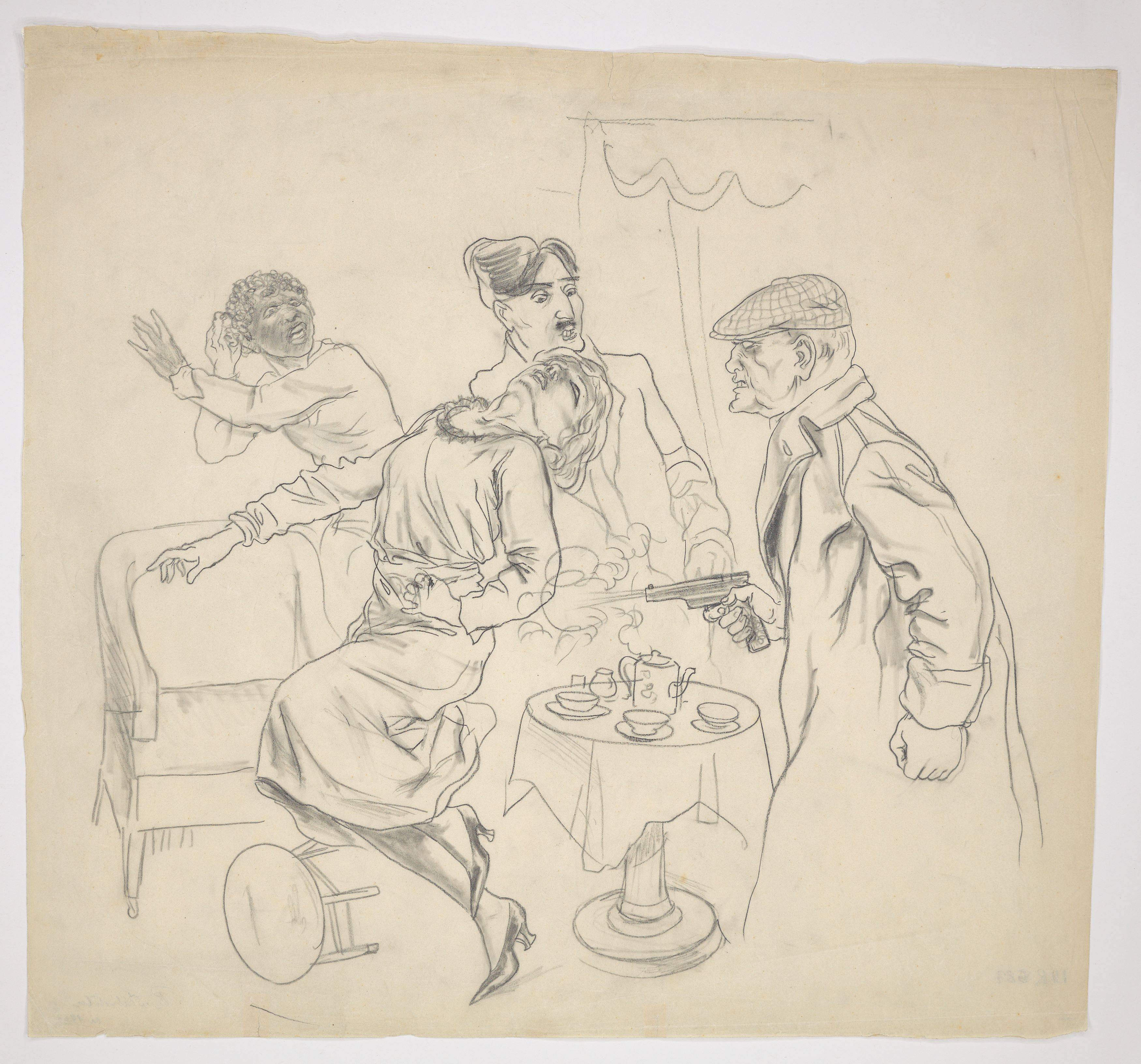 Auf diesem Bild ist das folgende Kunstwerk zu sehen: Rudolf Schlichter. Das Attentat im Salon. Um 1922.