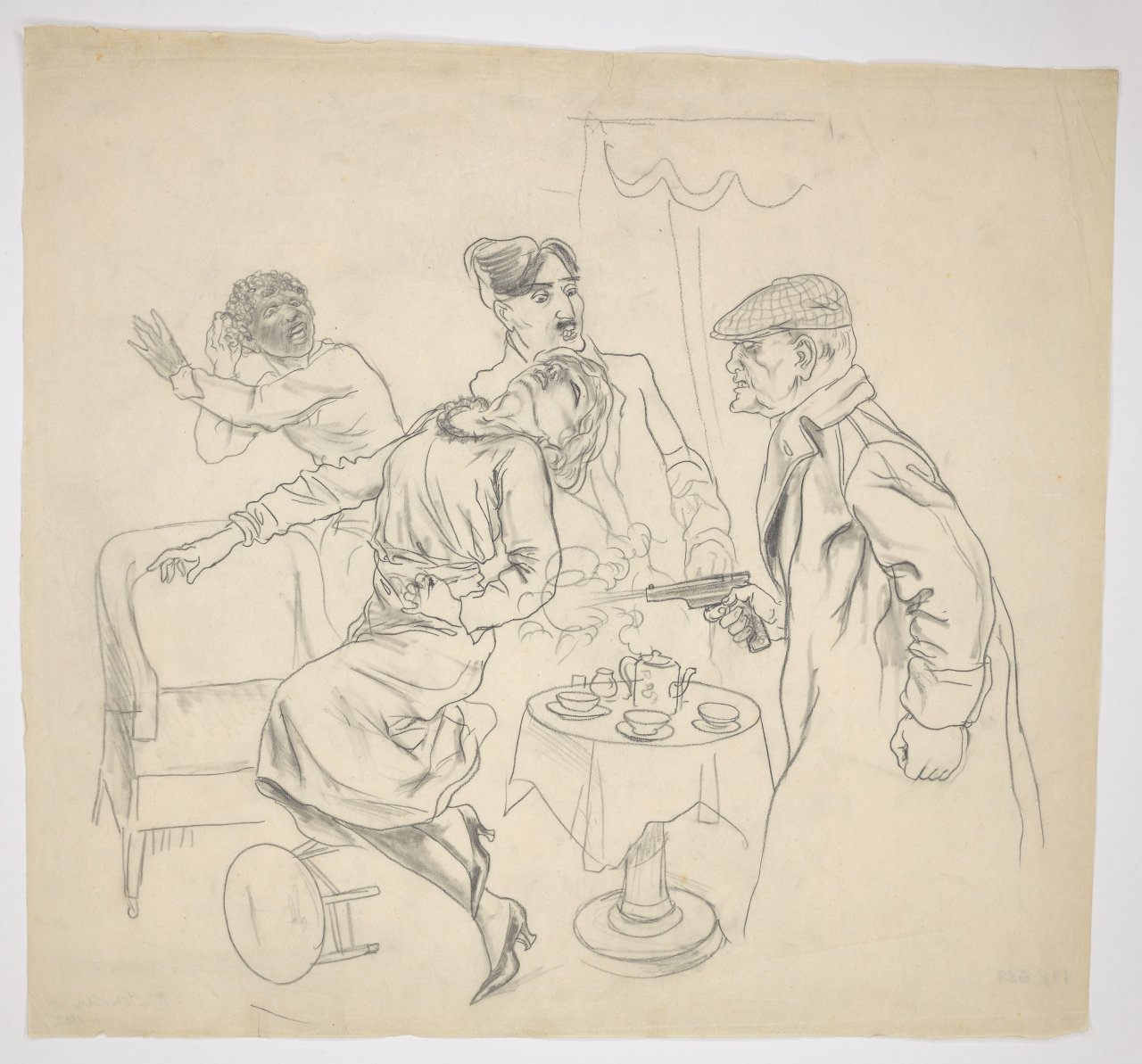 Auf diesem Bild ist das folgende Kunstwerk zu sehen: Rudolf Schlichter. Das Attentat im Salon. Um 1922.