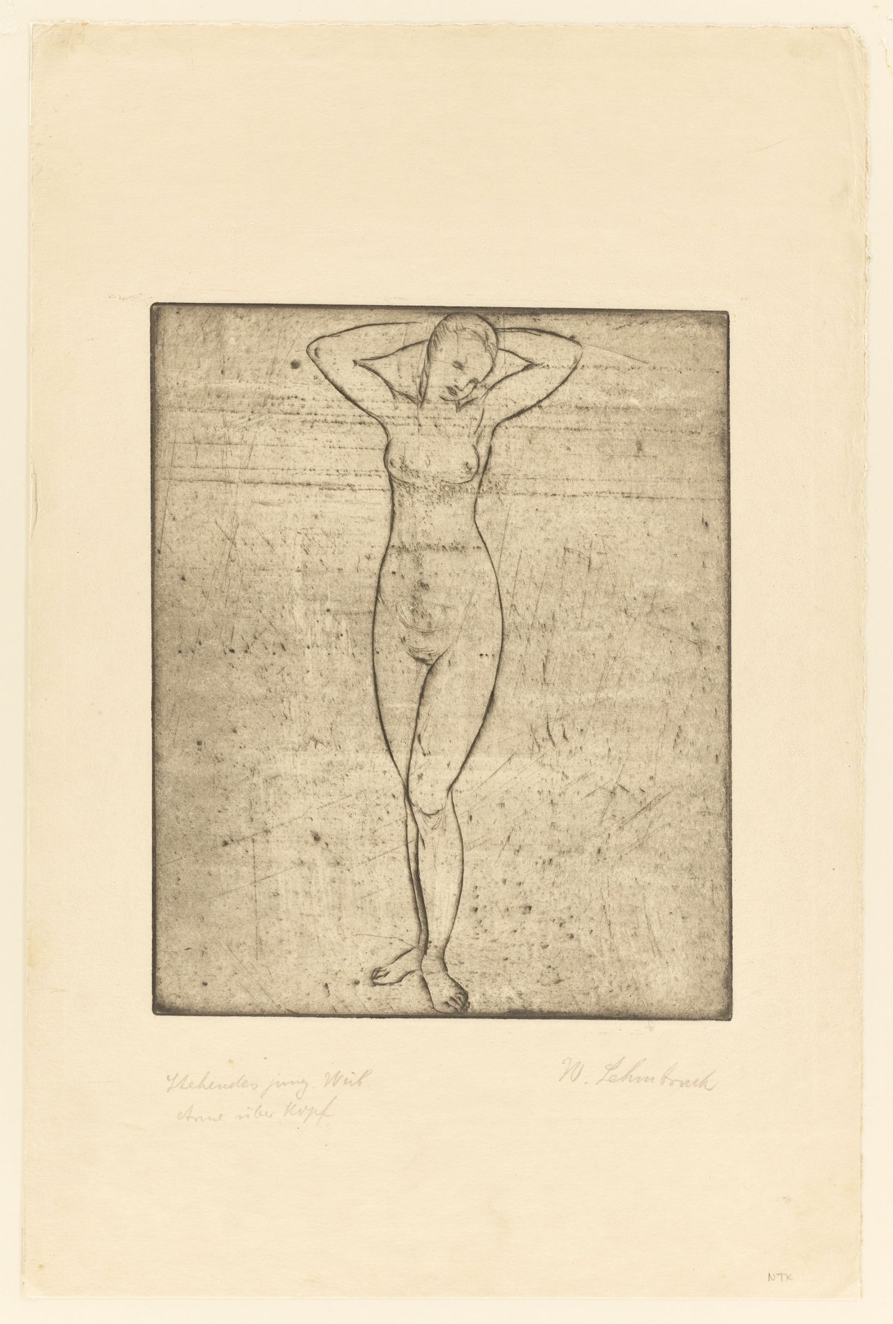 This picture shows the following artwork: Wilhelm Lehmbruck. ”Stehendes junges Weib mit über dem Kopf verschränkten Armen”. 1912.