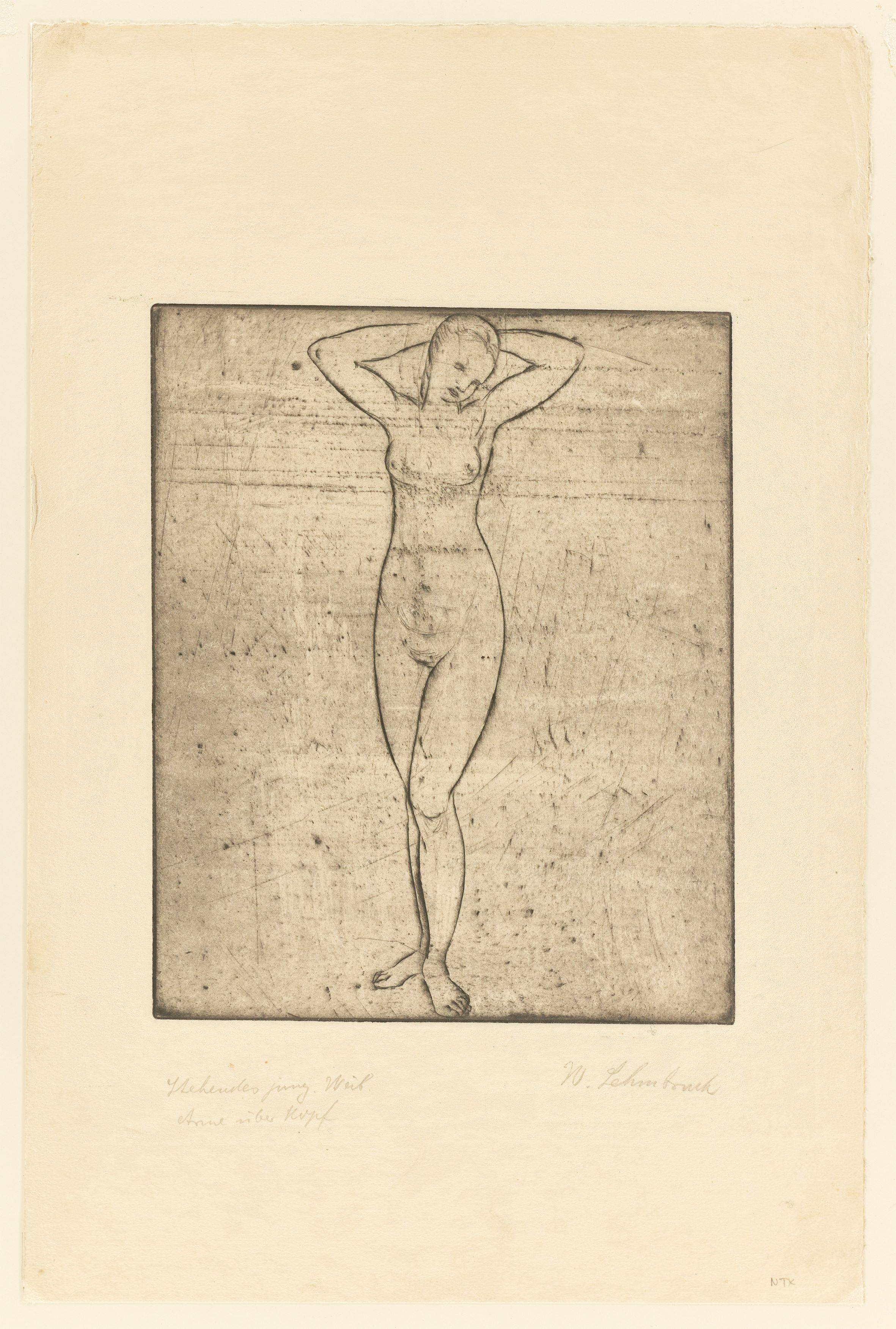 This picture shows the following artwork: Wilhelm Lehmbruck. ”Stehendes junges Weib mit über dem Kopf verschränkten Armen”. 1912.