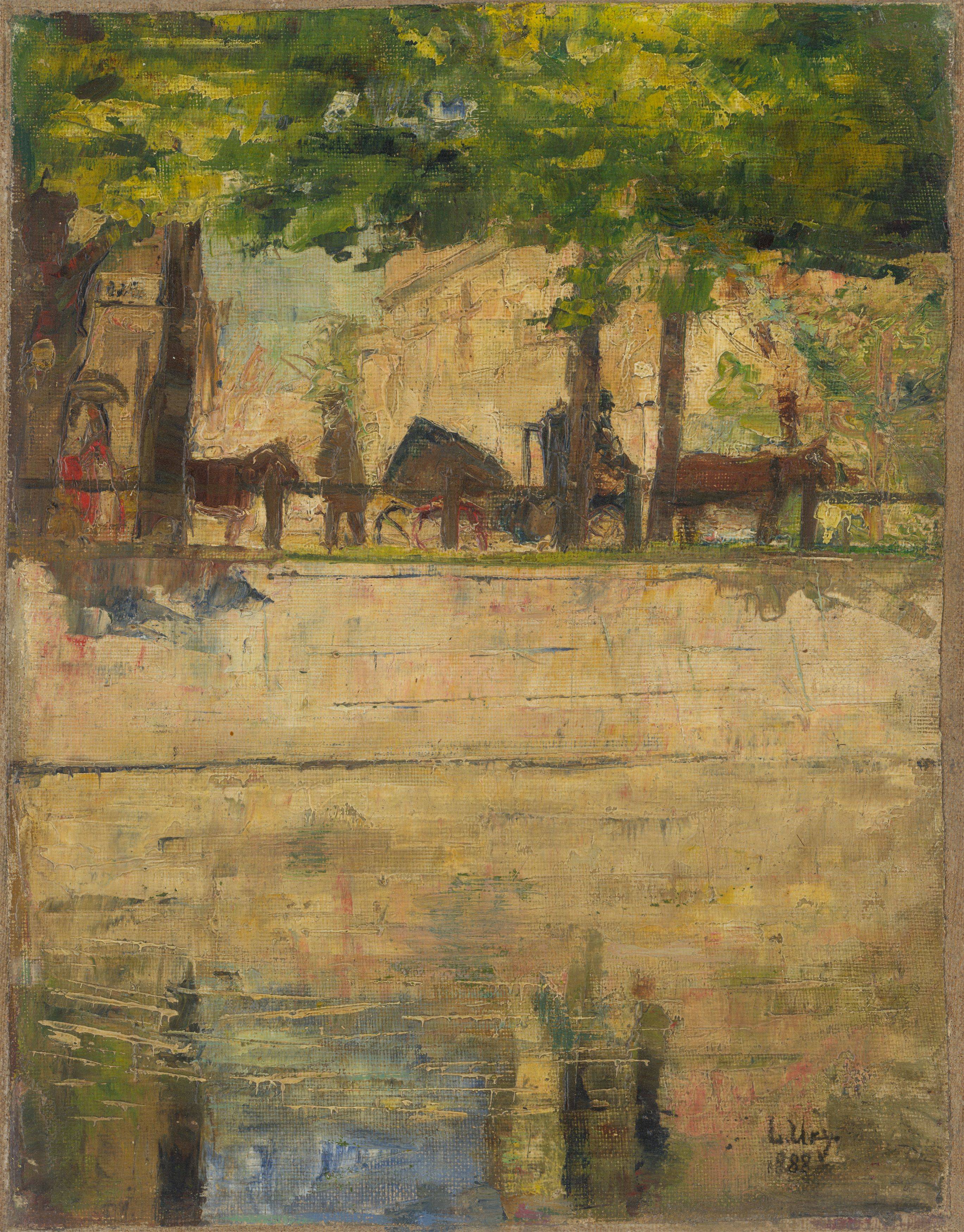 Auf diesem Bild ist das folgende Kunstwerk zu sehen: Lesser Ury. „Pferdefuhrwerke am Landwehrkanal, Berlin“. 1888.