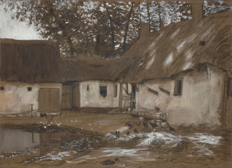 Auf diesem Bild ist das folgende Kunstwerk zu sehen: Franz Skarbina. „Hof einer Ferme (Picardie). Sonntagsruhe“. 1888.