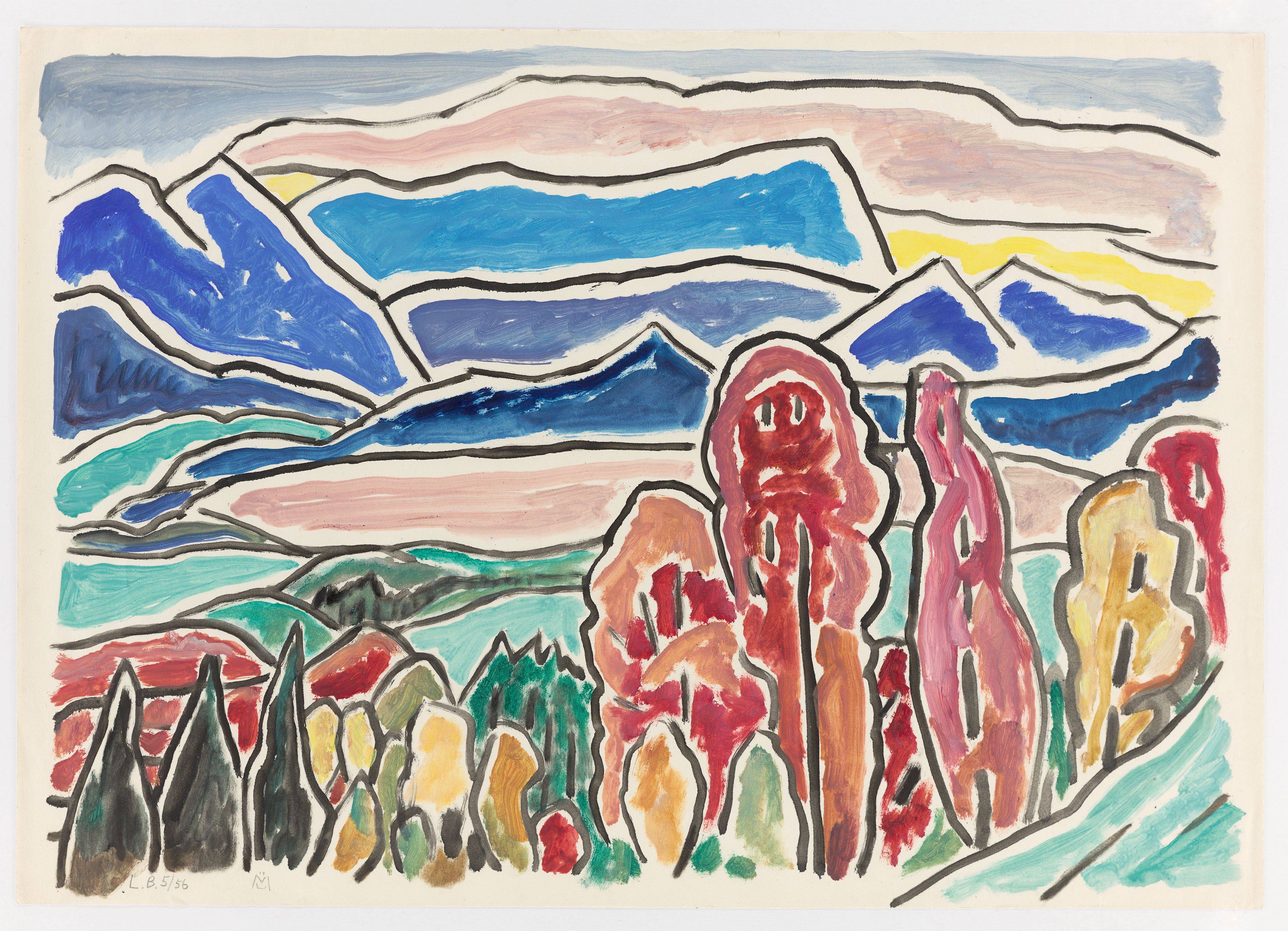 Auf diesem Bild ist das folgende Kunstwerk zu sehen: Gabriele Münter. „Blick aufs Wettersteingebirge“. 1956.