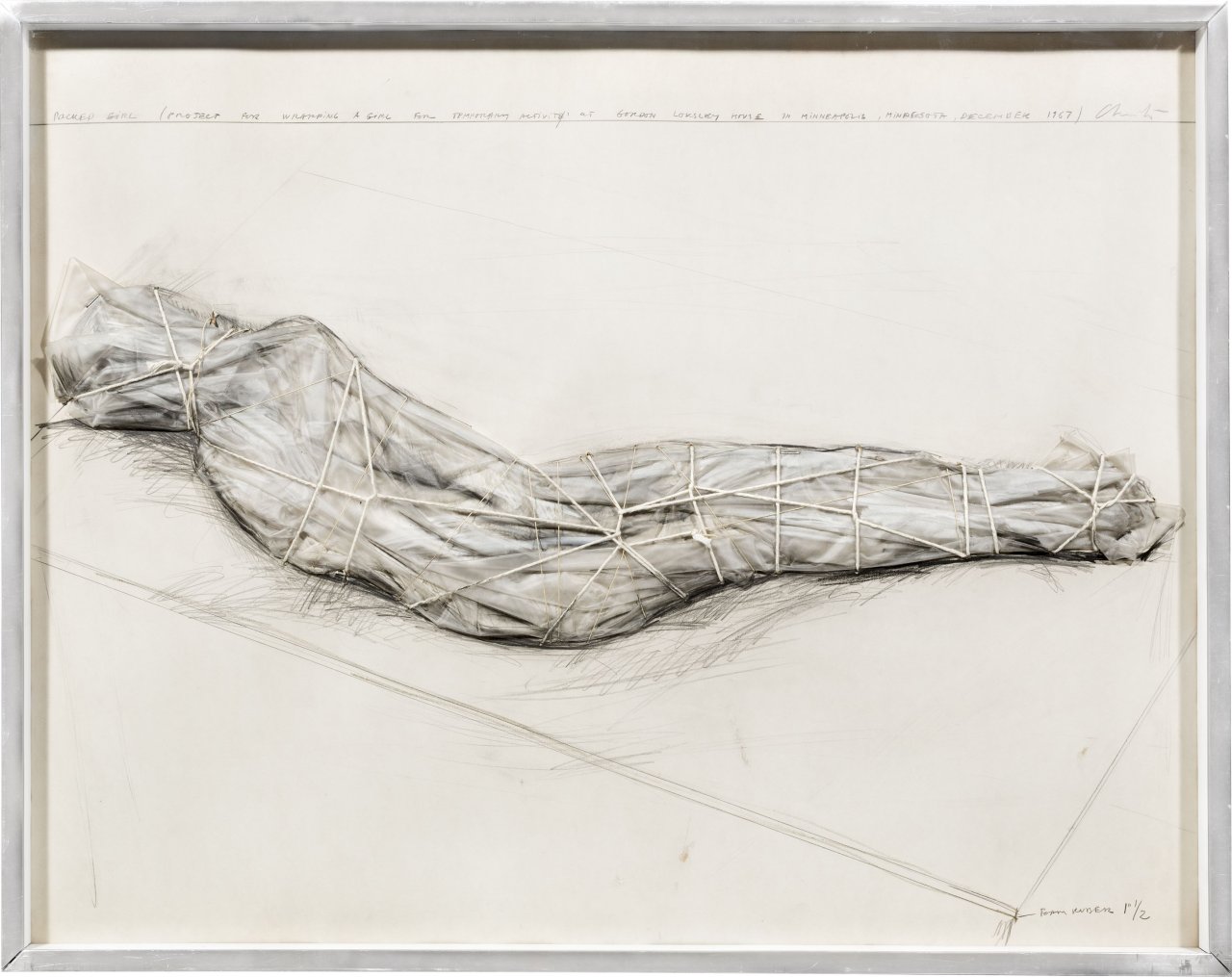 This picture shows the following artwork:  Christo. ”PACKED GIRL (PROJECT FOR WRAPPING A GIRL FOR TEMPORARY ACTIVITY AT GORDON LOKSLEY HOUSE IN MINNEAPOLIS, MINNESOTA)”. 1967.
