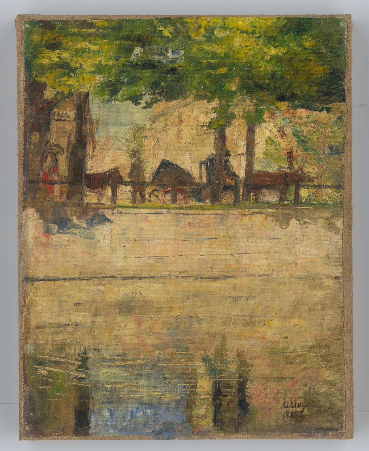 Auf diesem Bild ist das folgende Kunstwerk zu sehen: Lesser Ury. „Pferdefuhrwerke am Landwehrkanal, Berlin“. 1888.