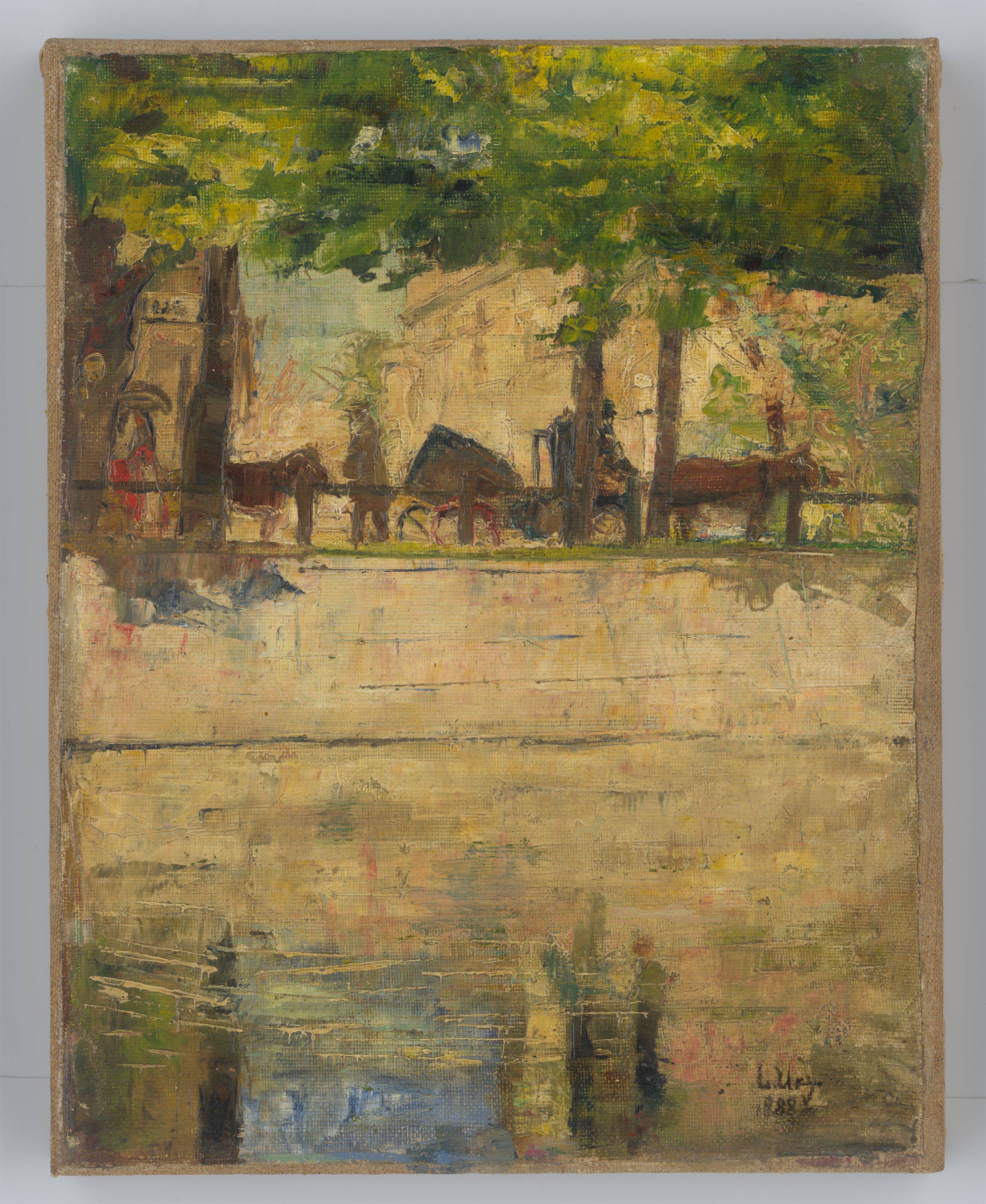 Auf diesem Bild ist das folgende Kunstwerk zu sehen: Lesser Ury. „Pferdefuhrwerke am Landwehrkanal, Berlin“. 1888.