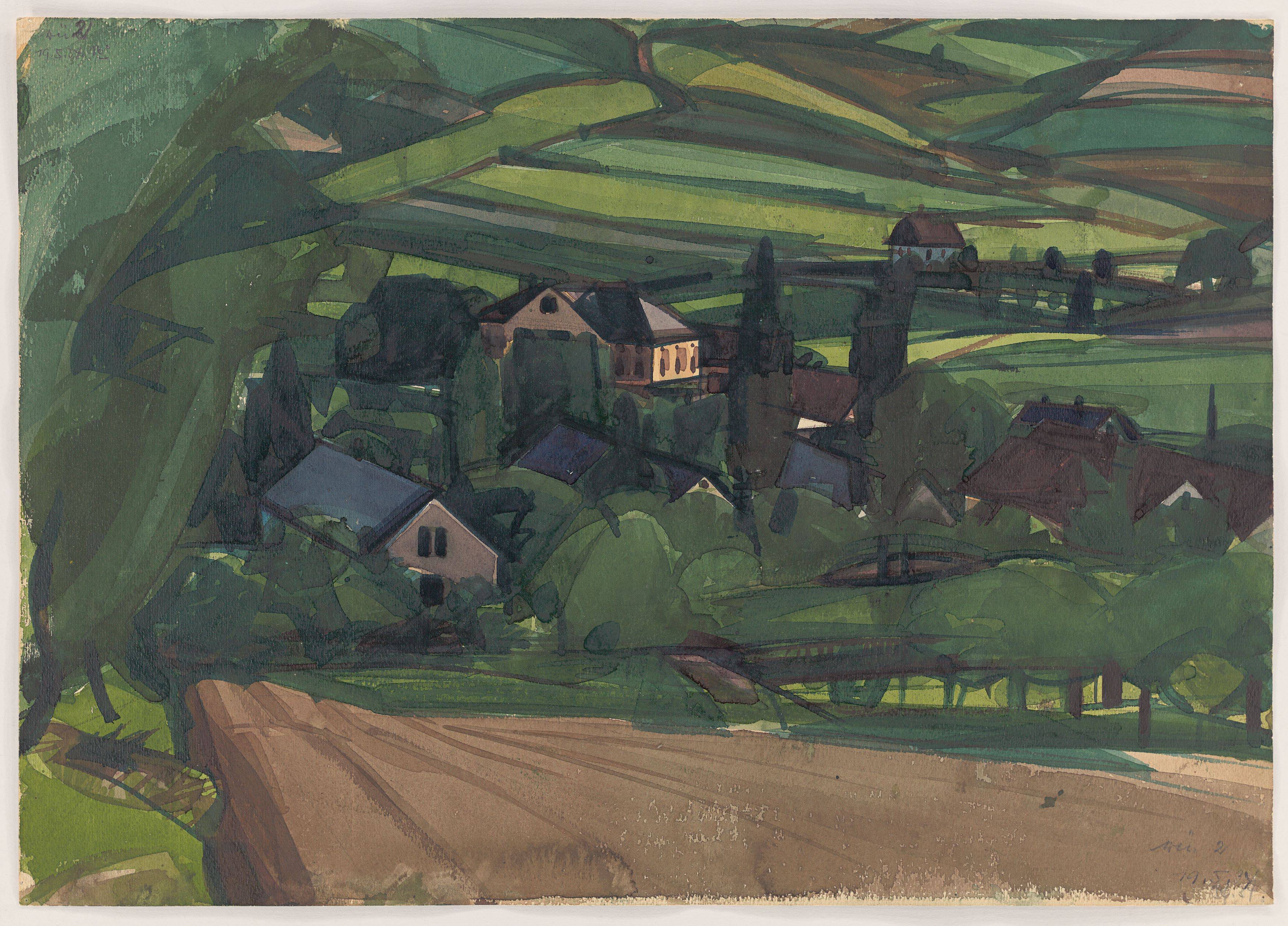 This picture shows the following artwork: Hermann Glöckner. ”Wunschendorf, von einer Höhe aus”. 1934.