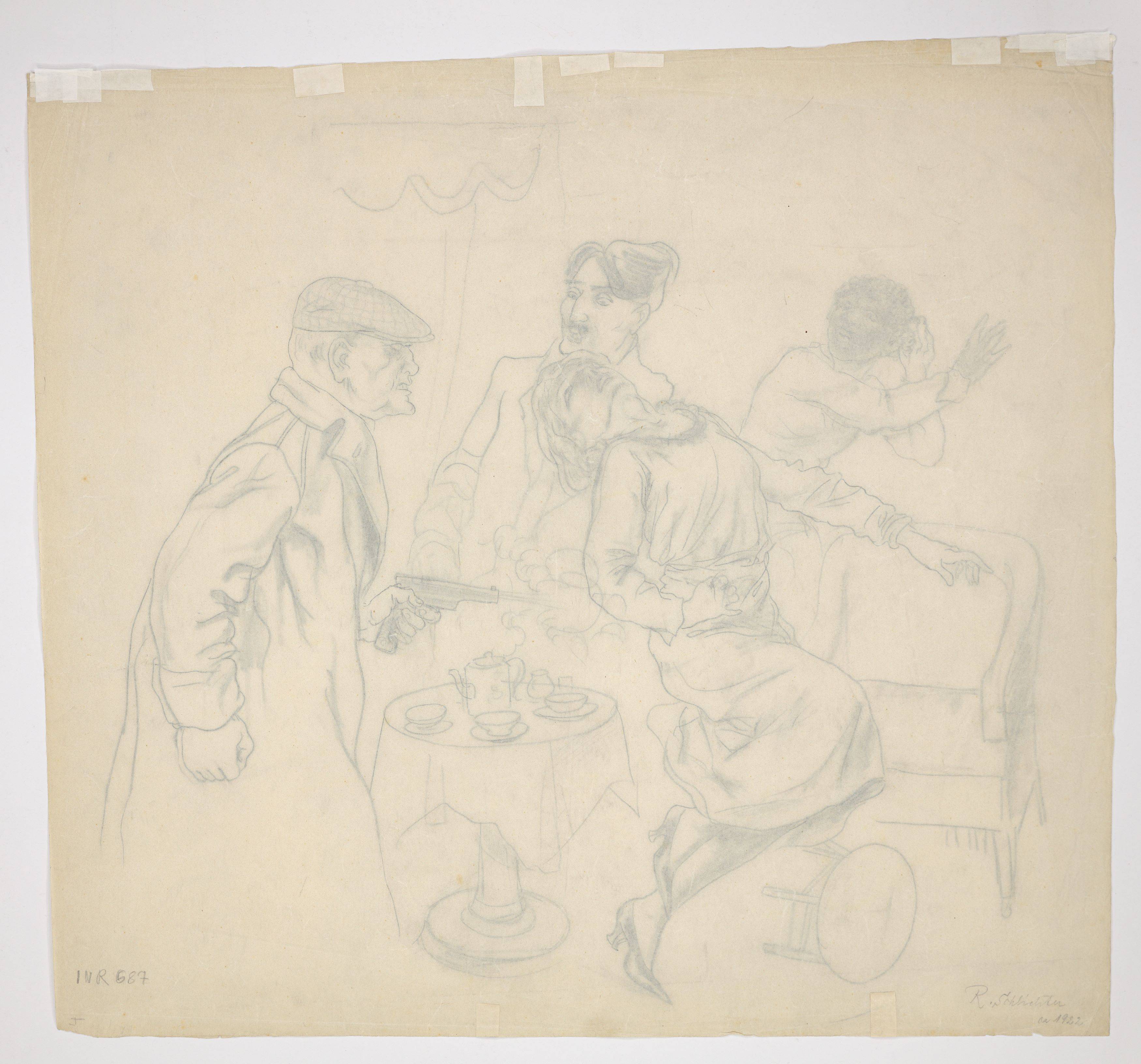 Auf diesem Bild ist das folgende Kunstwerk zu sehen: Rudolf Schlichter. Das Attentat im Salon. Um 1922.