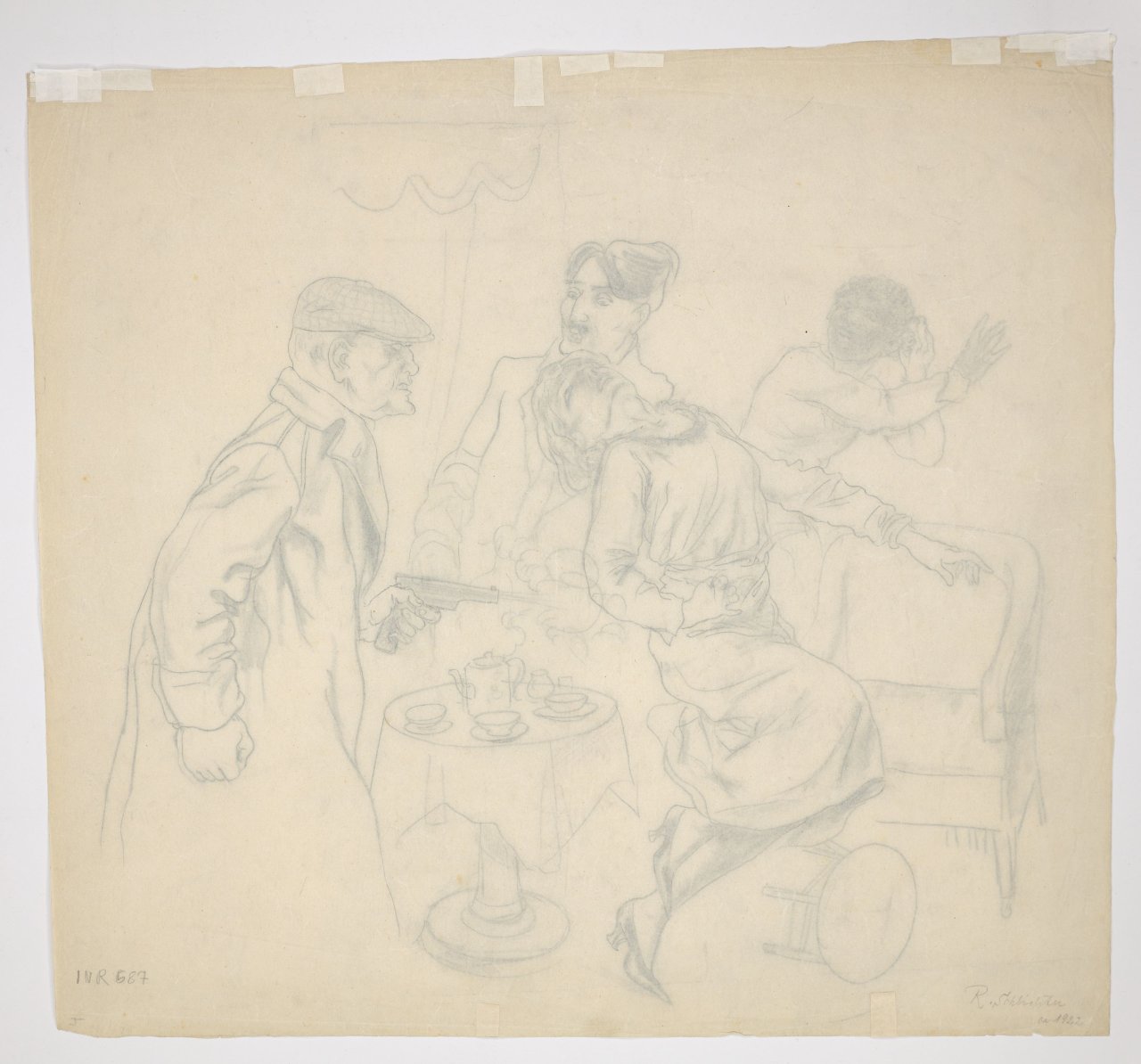 Auf diesem Bild ist das folgende Kunstwerk zu sehen: Rudolf Schlichter. Das Attentat im Salon. Um 1922.