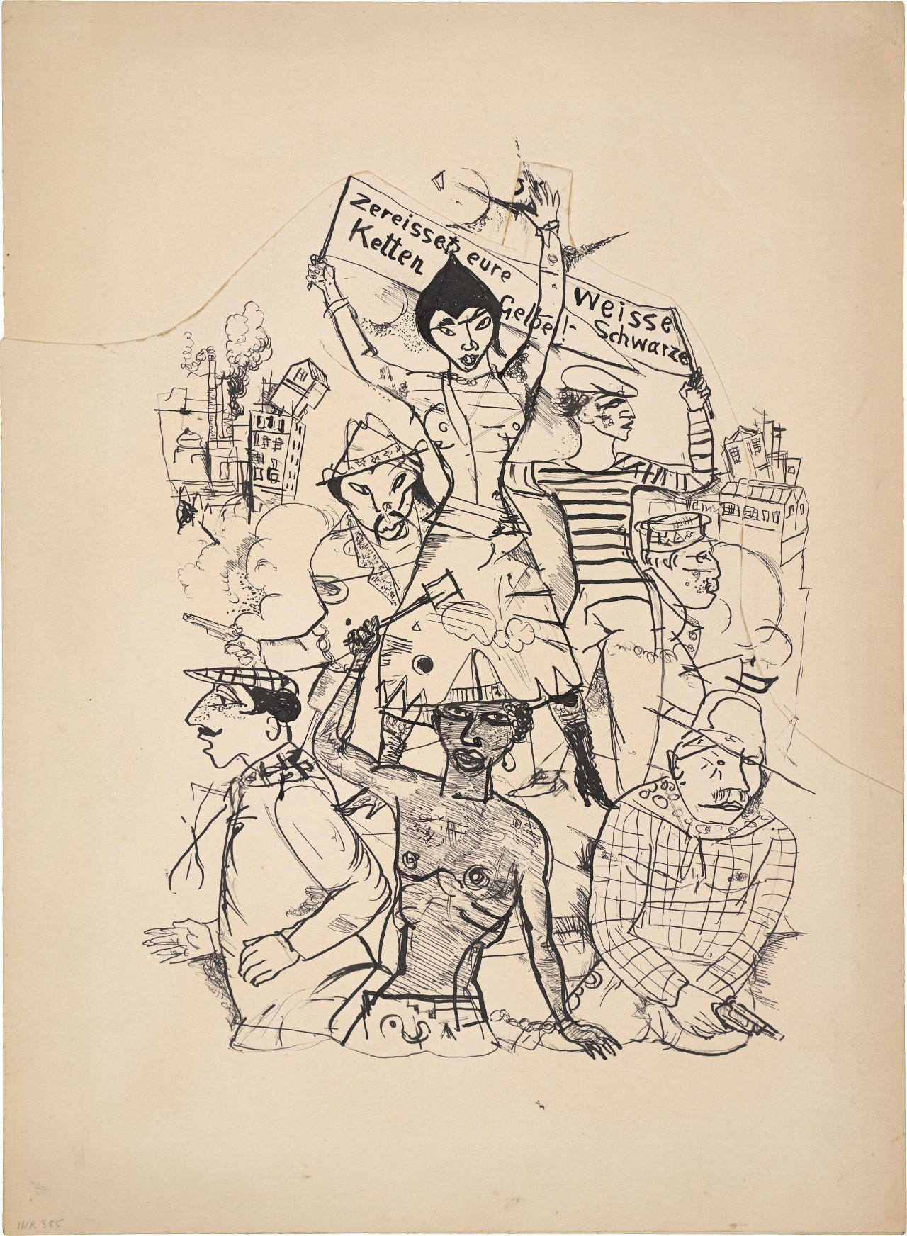 Auf diesem Bild ist das folgende Kunstwerk zu sehen: Rudolf Schlichter. „Zereisset eure Ketten Weisse Schwarze Gelbe!“. Um 1919.