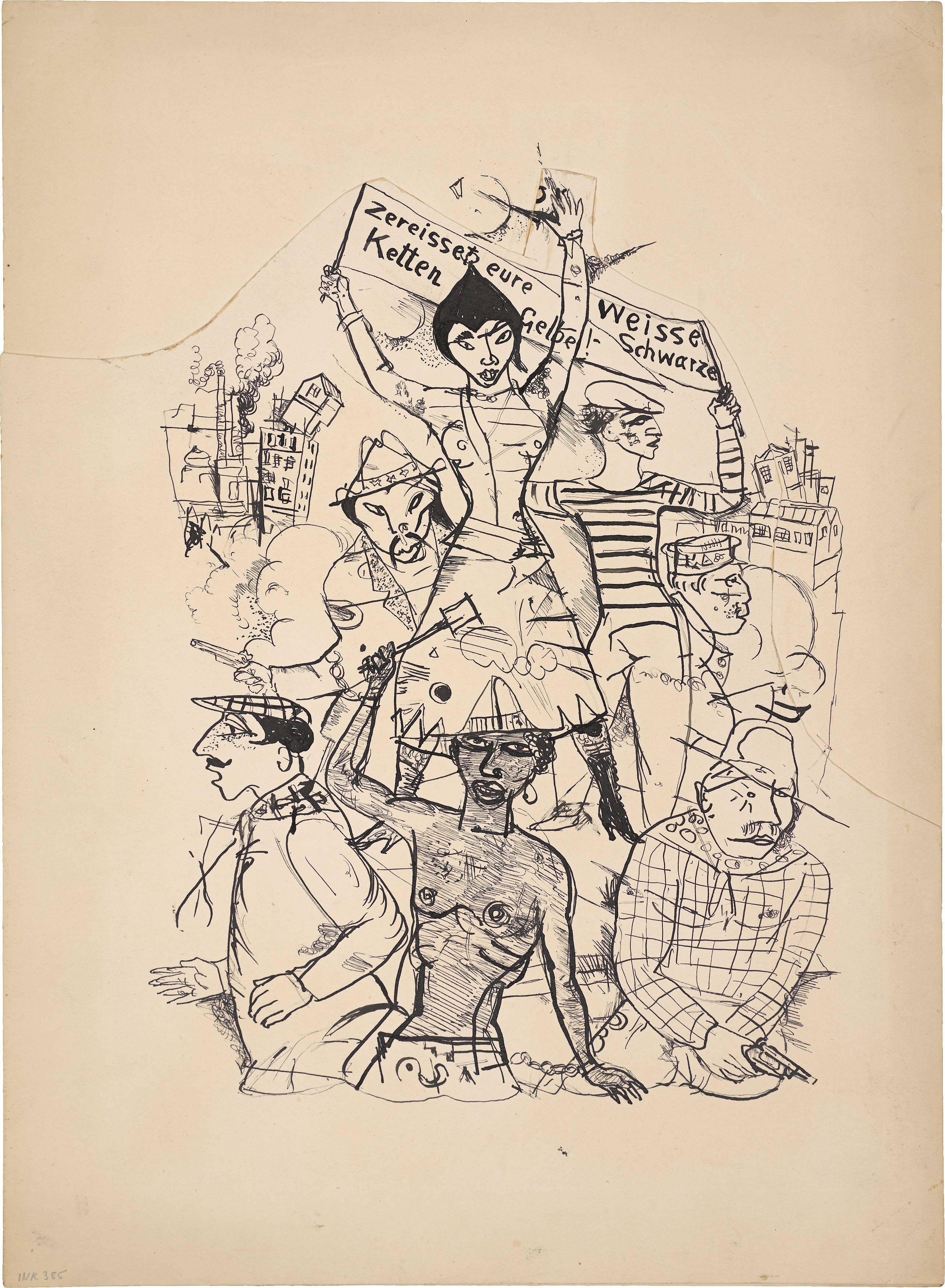 Auf diesem Bild ist das folgende Kunstwerk zu sehen: Rudolf Schlichter. „Zereisset eure Ketten Weisse Schwarze Gelbe!“. Um 1919.