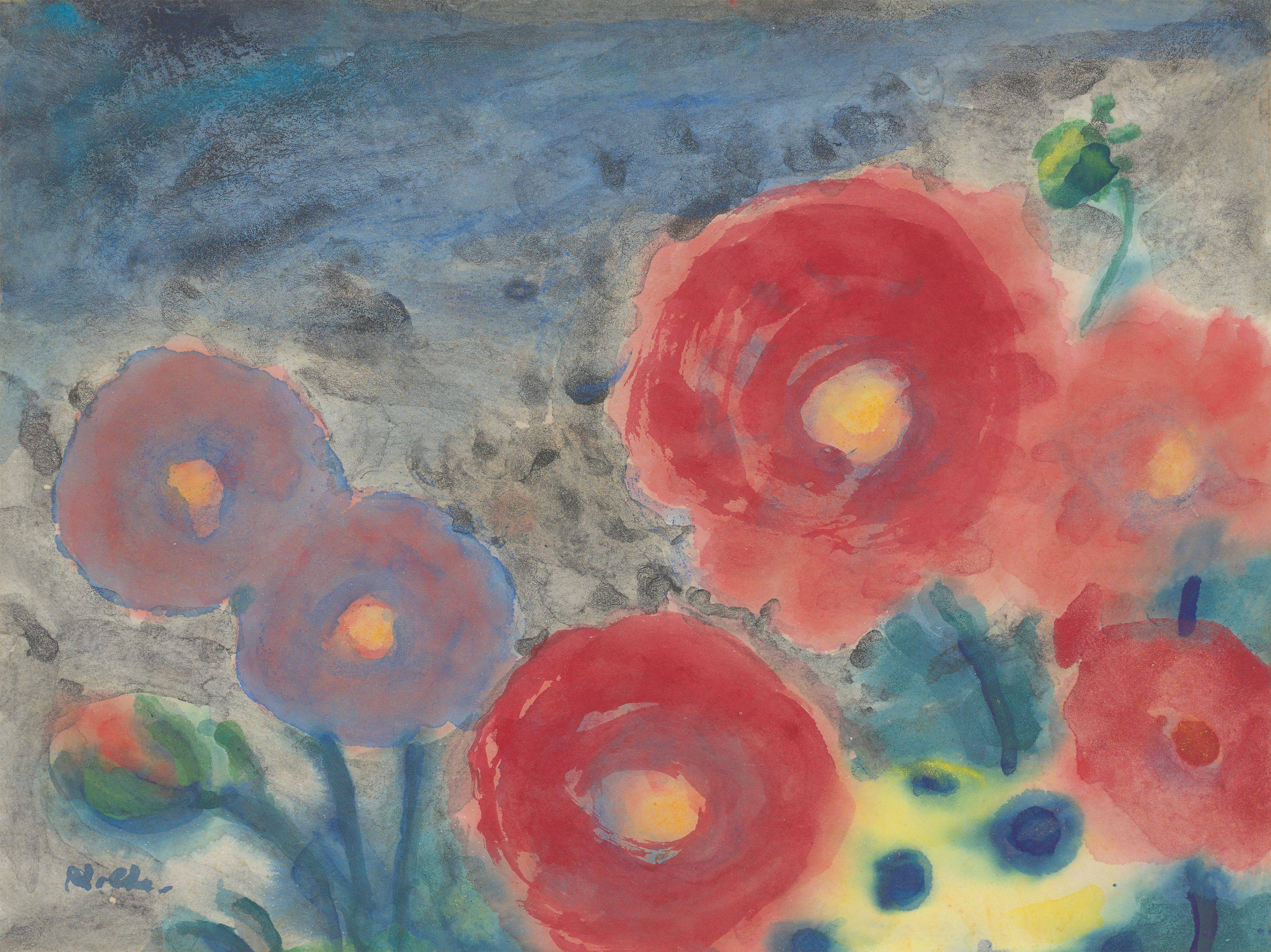 This picture shows the following artwork: Emil Nolde. ”Rote und blaue Blüten”. 1954–56.