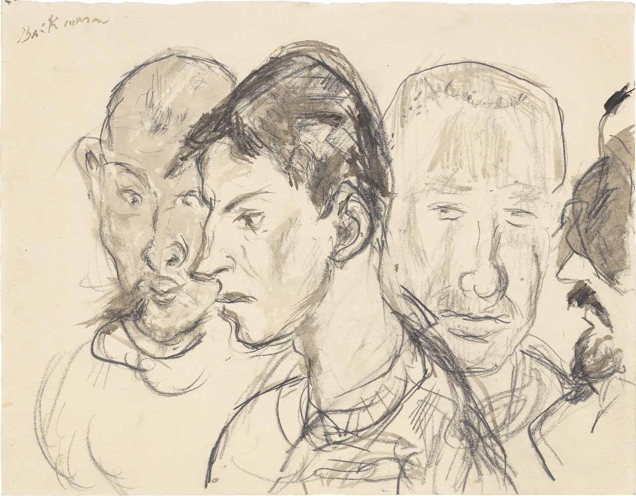 Auf diesem Bild ist das folgende Kunstwerk zu sehen: Max Beckmann. „Verwundete – Vier männliche Porträtköpfe“. 1915.