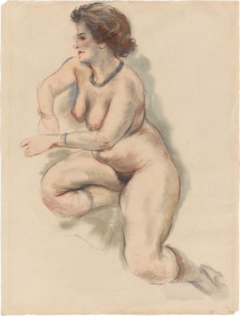 Auf diesem Bild ist das folgende Kunstwerk zu sehen: George Grosz. „Kneeling female nude“. Um 1945.