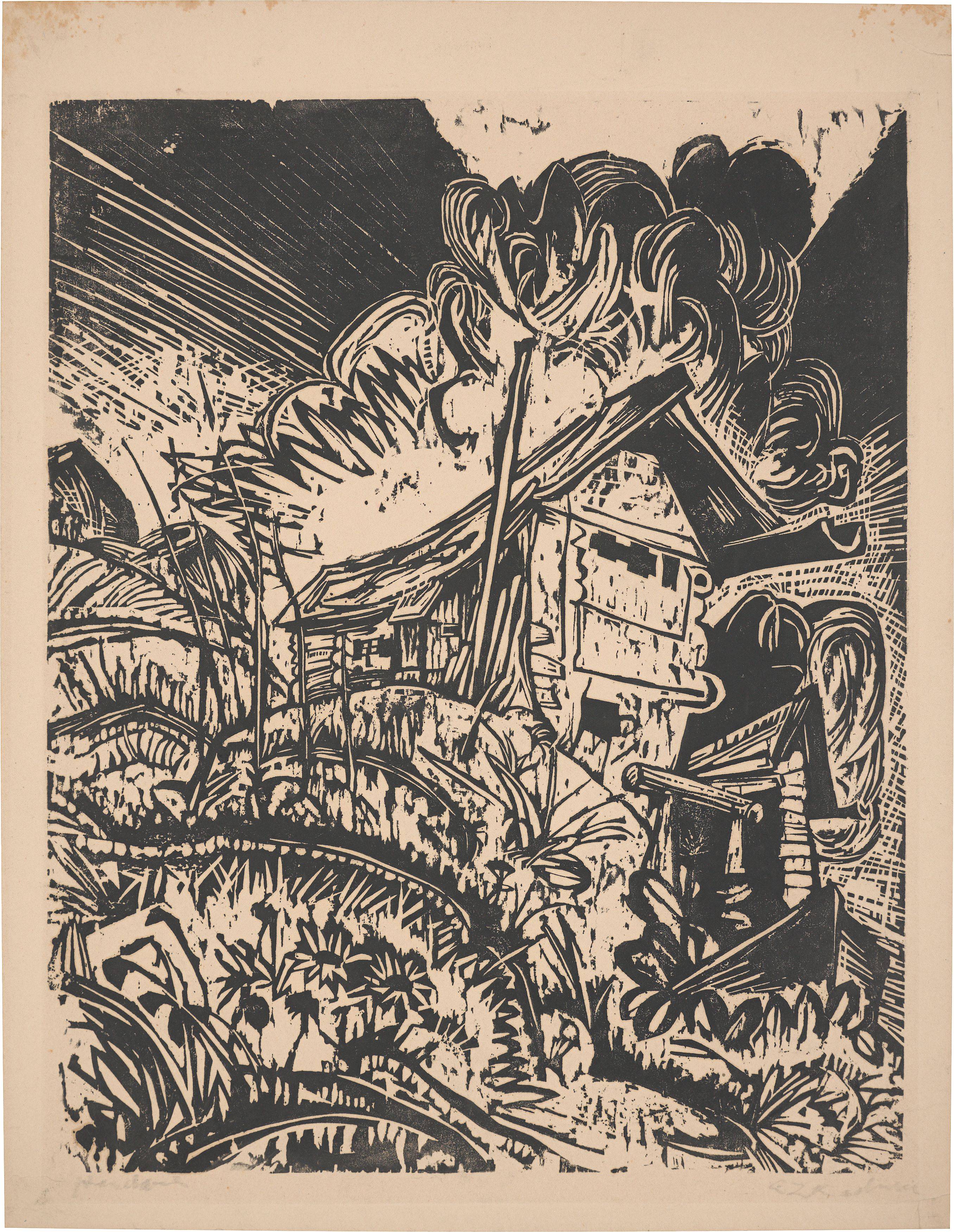 Auf diesem Bild ist das folgende Kunstwerk zu sehen: Ernst Ludwig Kirchner. „Berghaus mit Gewitterwolke. Alphütte bei Gewitter“. 1917.