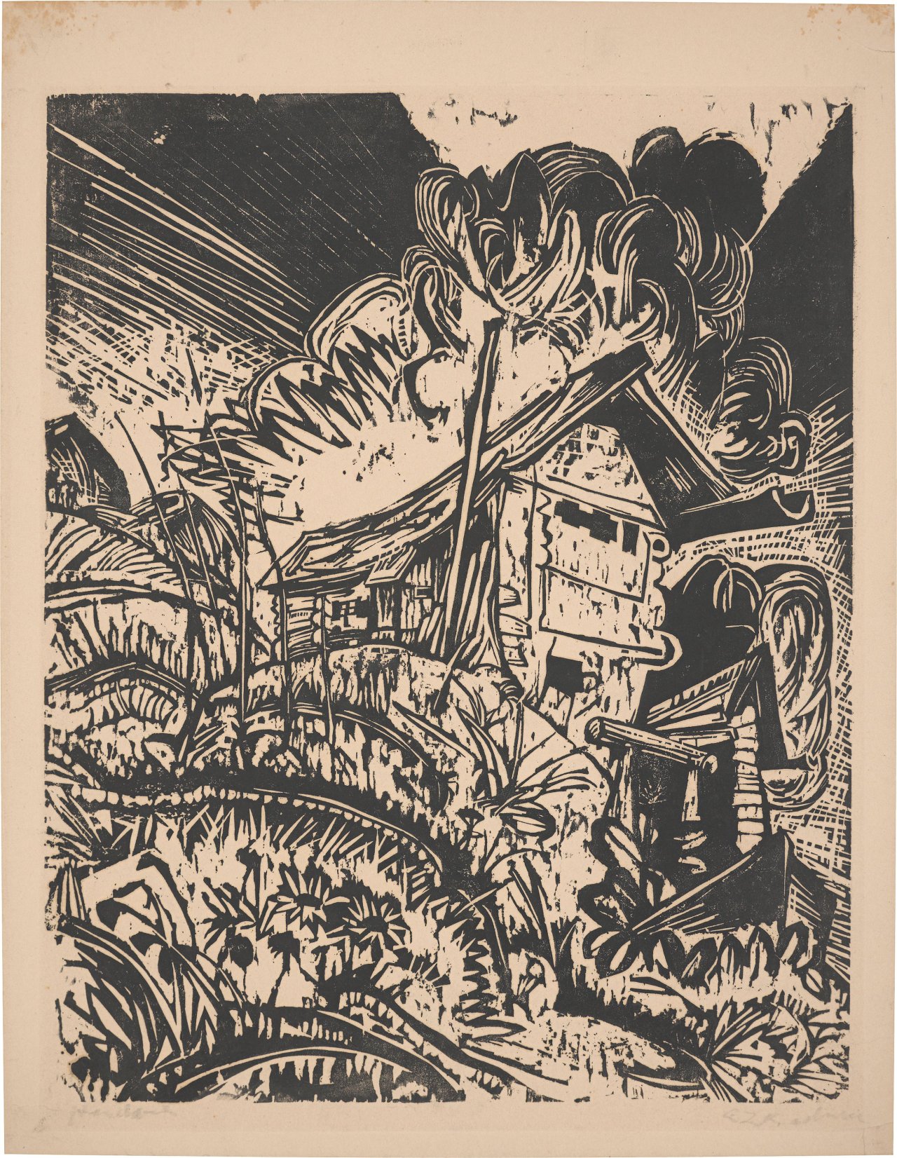 Auf diesem Bild ist das folgende Kunstwerk zu sehen: Ernst Ludwig Kirchner. „Berghaus mit Gewitterwolke. Alphütte bei Gewitter“. 1917.
