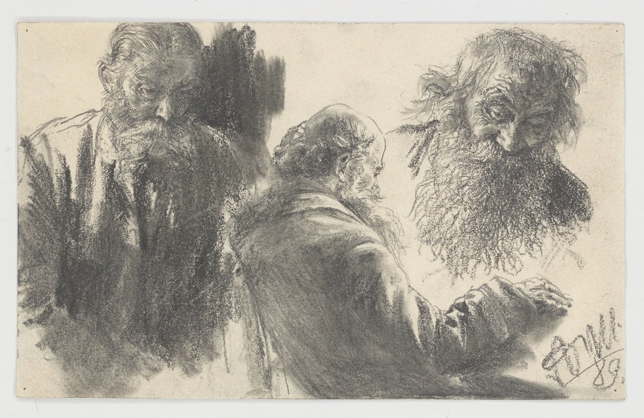 Auf diesem Bild ist das folgende Kunstwerk zu sehen: Adolph Menzel. Drei Studien von bärtigen Männern. 1889.