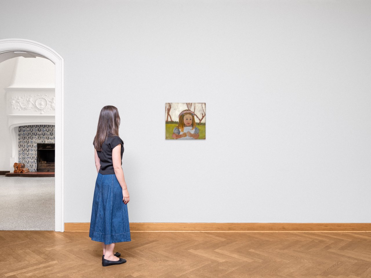 Auf diesem Bild ist das folgende Kunstwerk zu sehen: Paula Modersohn-Becker. „Brustbild Elsbeth mit Margeriten im Haar“. Um 1901.