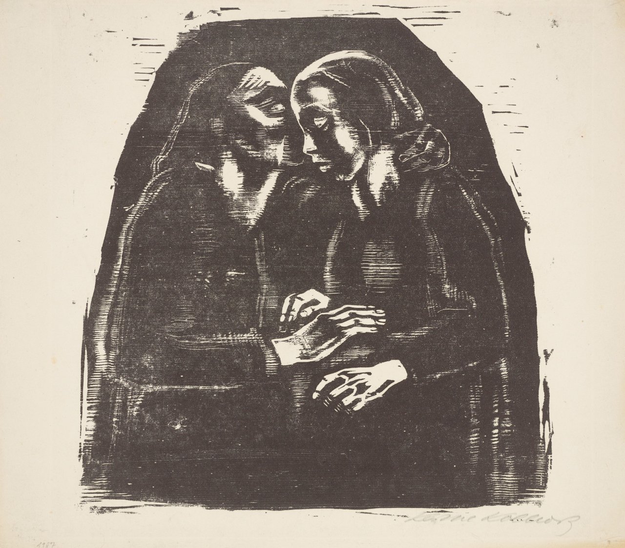 Auf diesem Bild ist das folgende Kunstwerk zu sehen: Käthe Kollwitz. „Maria und Elisabeth (Endgültige dritte Fassung)“. 1929/30.