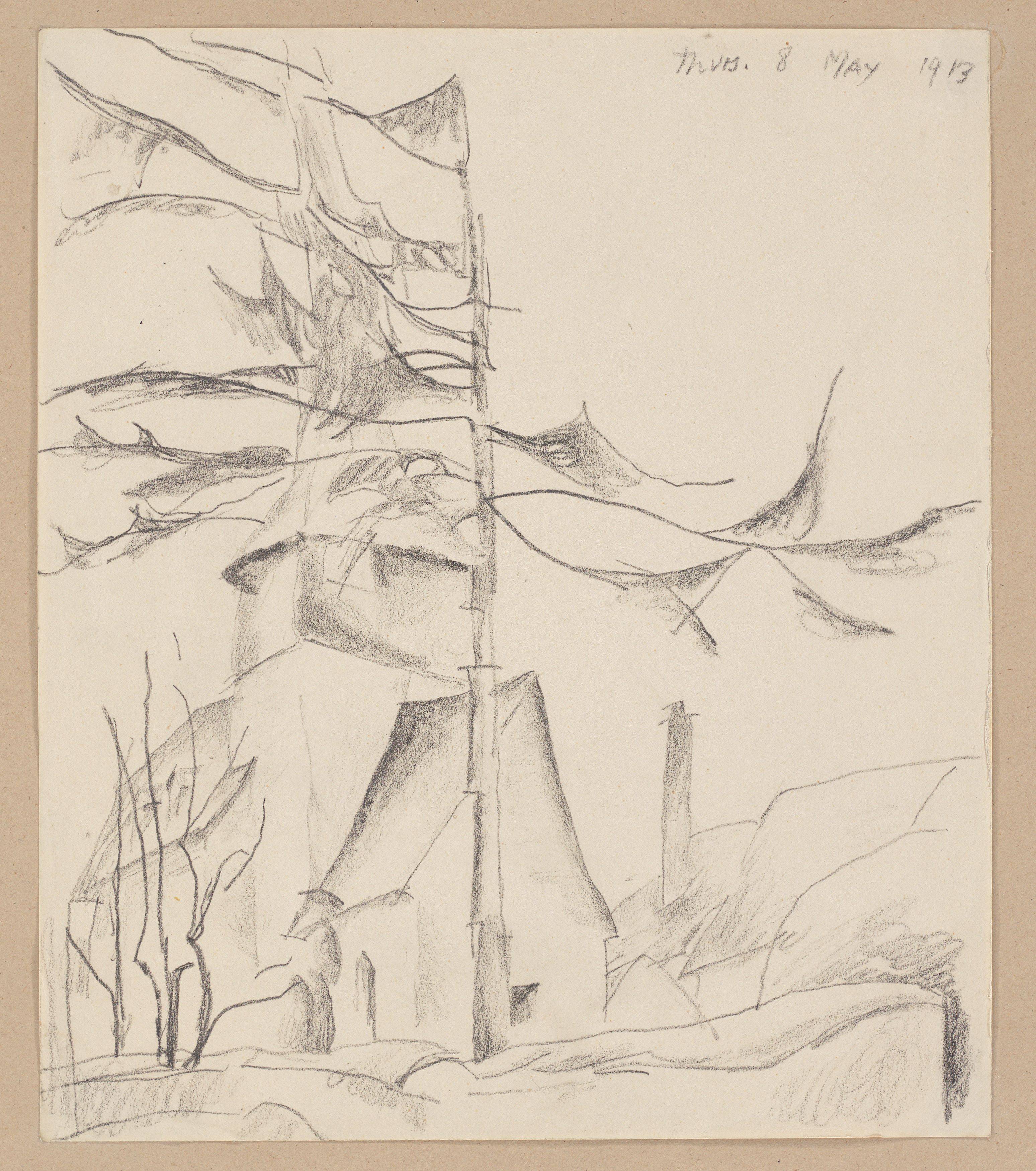 Auf diesem Bild ist das folgende Kunstwerk zu sehen: Lyonel Feininger. Tanne vor der Kirche in Gelmeroda. 1913.