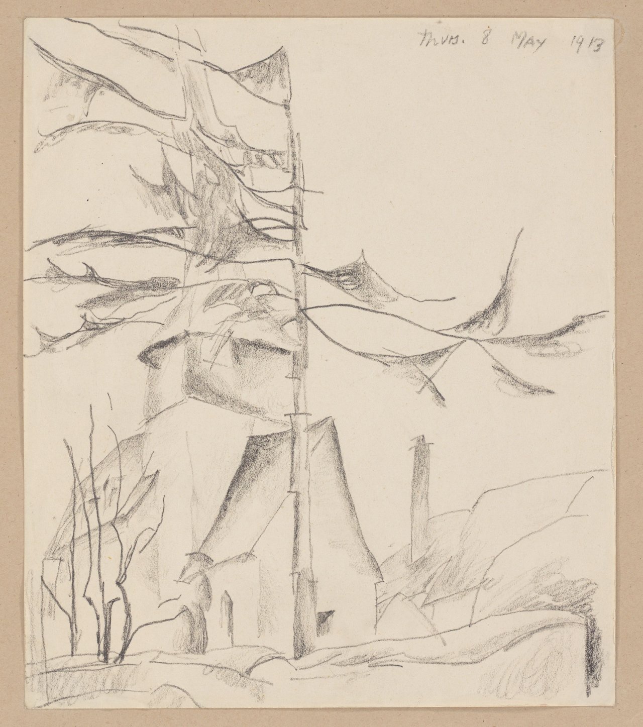 Auf diesem Bild ist das folgende Kunstwerk zu sehen: Lyonel Feininger. Tanne vor der Kirche in Gelmeroda. 1913.