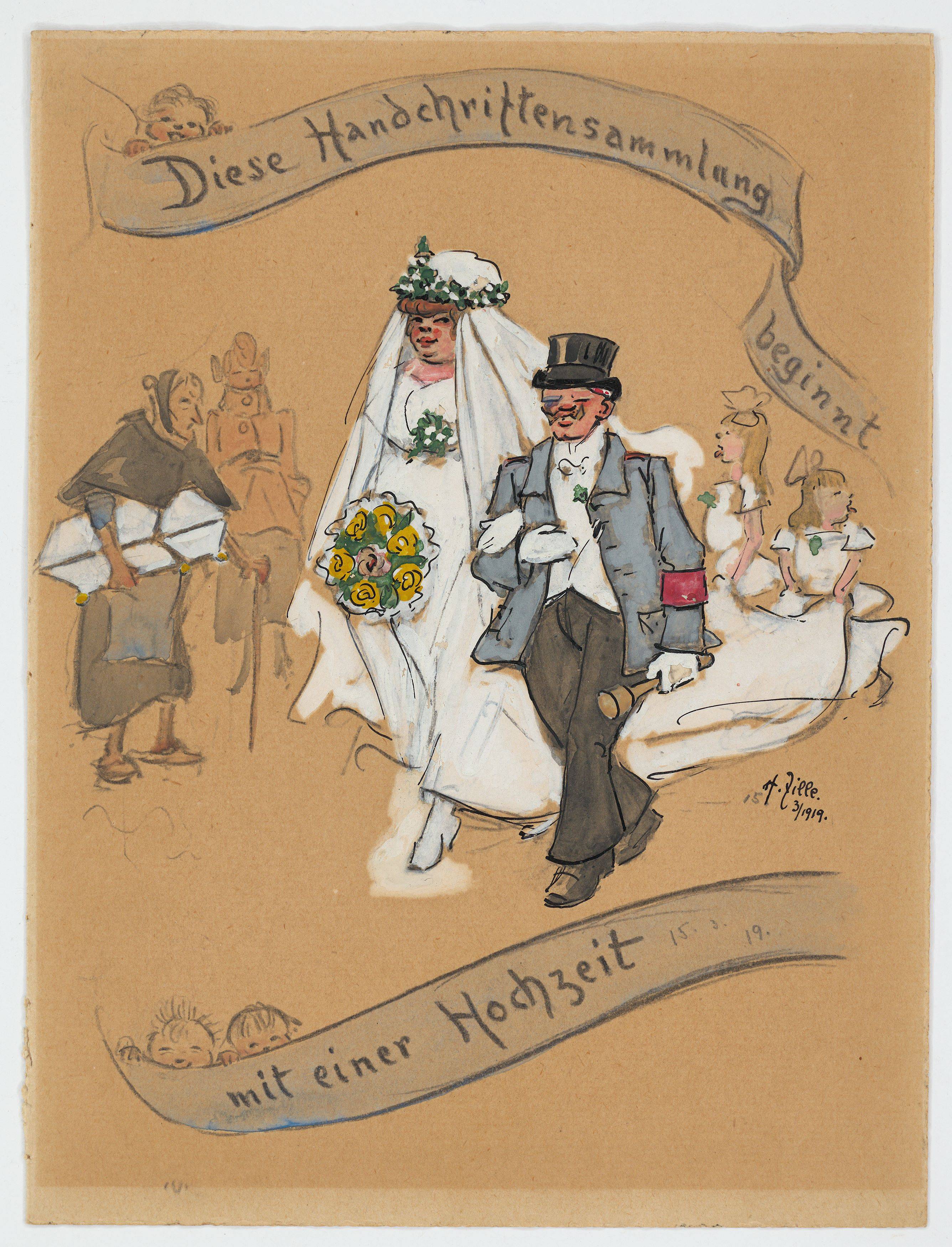 Auf diesem Bild ist das folgende Kunstwerk zu sehen: Heinrich Zille. Umschlag für eine Hochzeitszeitung (Diese Handschriftensammlung beginnt mit einer Hochzeit). 1919.