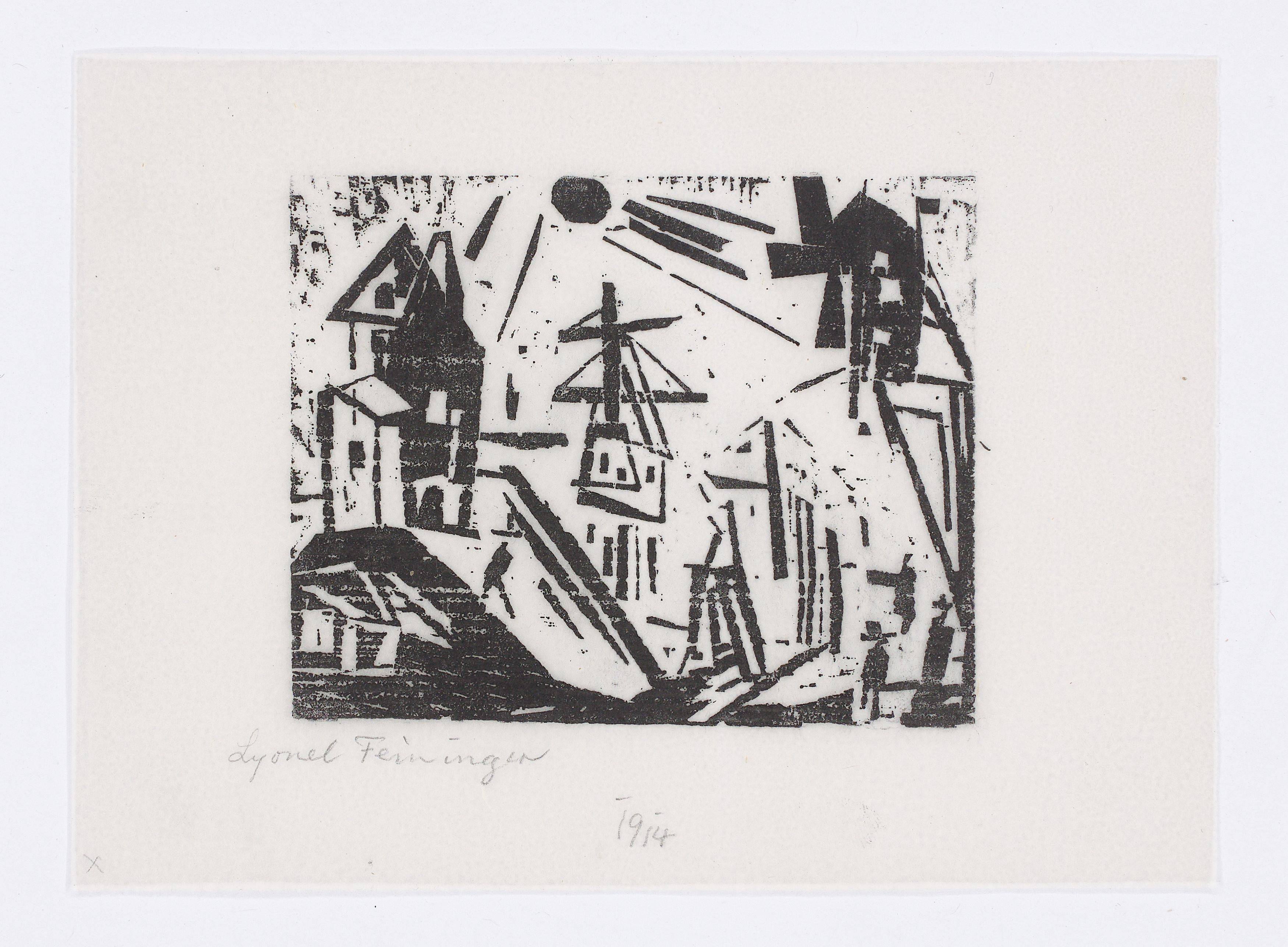 Auf diesem Bild ist das folgende Kunstwerk zu sehen: Lyonel Feininger. „Hafen mit Leuchtturm, Sonne und Mühle“. 1919.