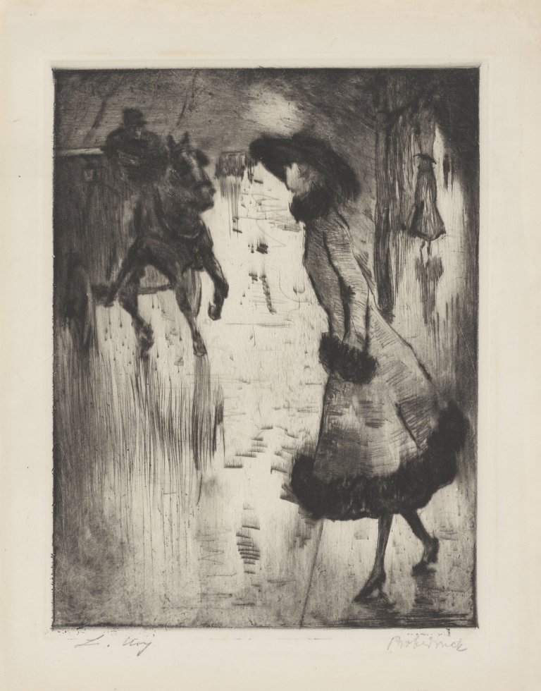 This picture shows the following artwork: Lesser Ury. ”Dame, eine Pferdedroschke rufend”. Circa 1920.