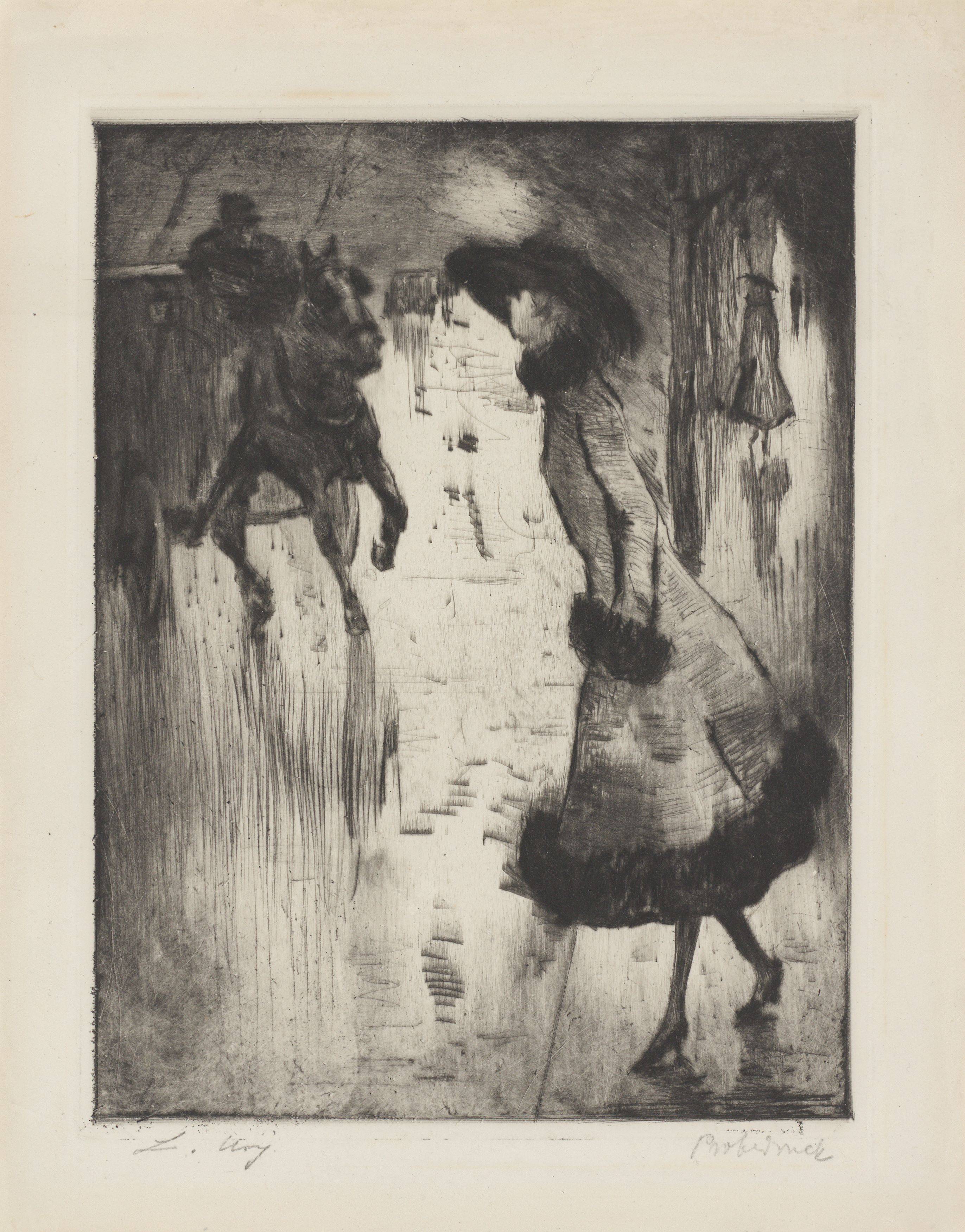 Auf diesem Bild ist das folgende Kunstwerk zu sehen: Lesser Ury. „Dame, eine Pferdedroschke rufend“. Um 1920.