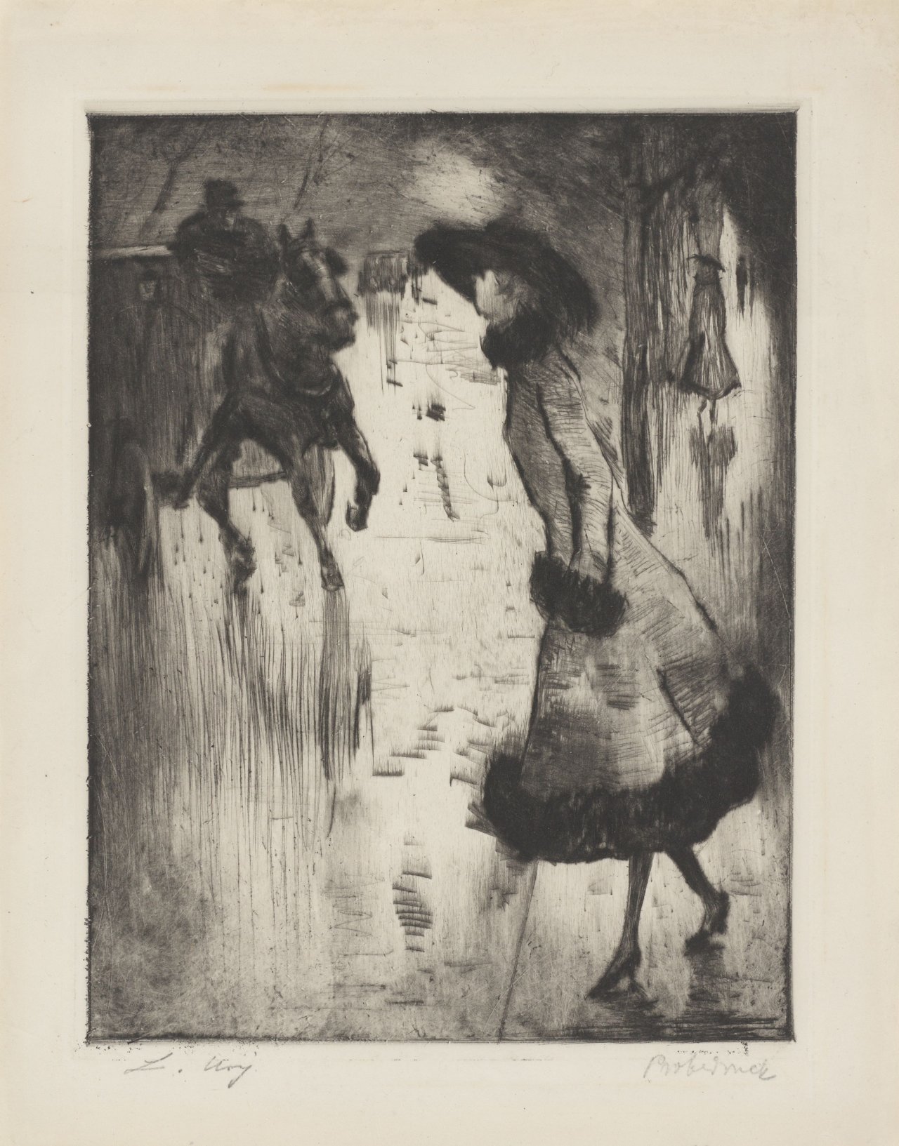 Auf diesem Bild ist das folgende Kunstwerk zu sehen: Lesser Ury. „Dame, eine Pferdedroschke rufend“. Um 1920.