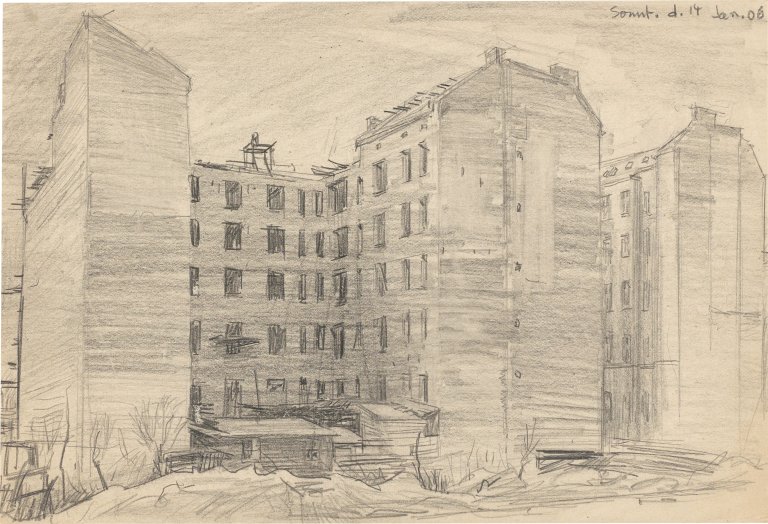 Auf diesem Bild ist das folgende Kunstwerk zu sehen: Lyonel Feininger. „Wohnhäuser, Berlin (Apartment Buildings, Berlin)“. 1906.