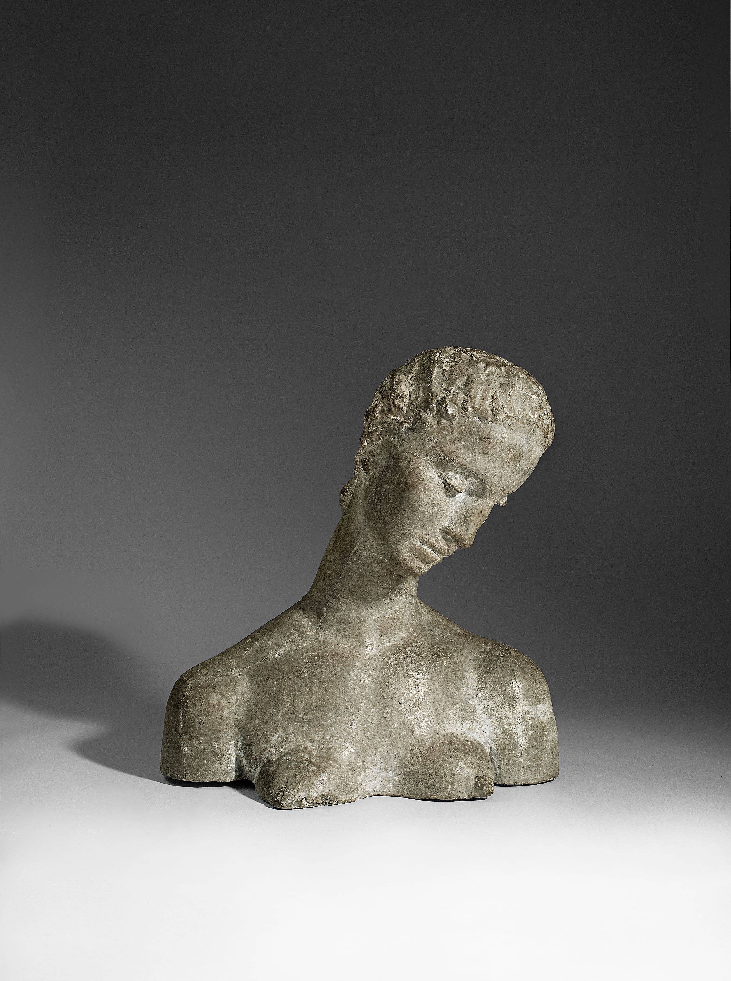 Auf diesem Bild ist das folgende Kunstwerk zu sehen: Wilhelm Lehmbruck. „Büste der Knienden (Geneigter Frauenkopf)“. 1912/14.