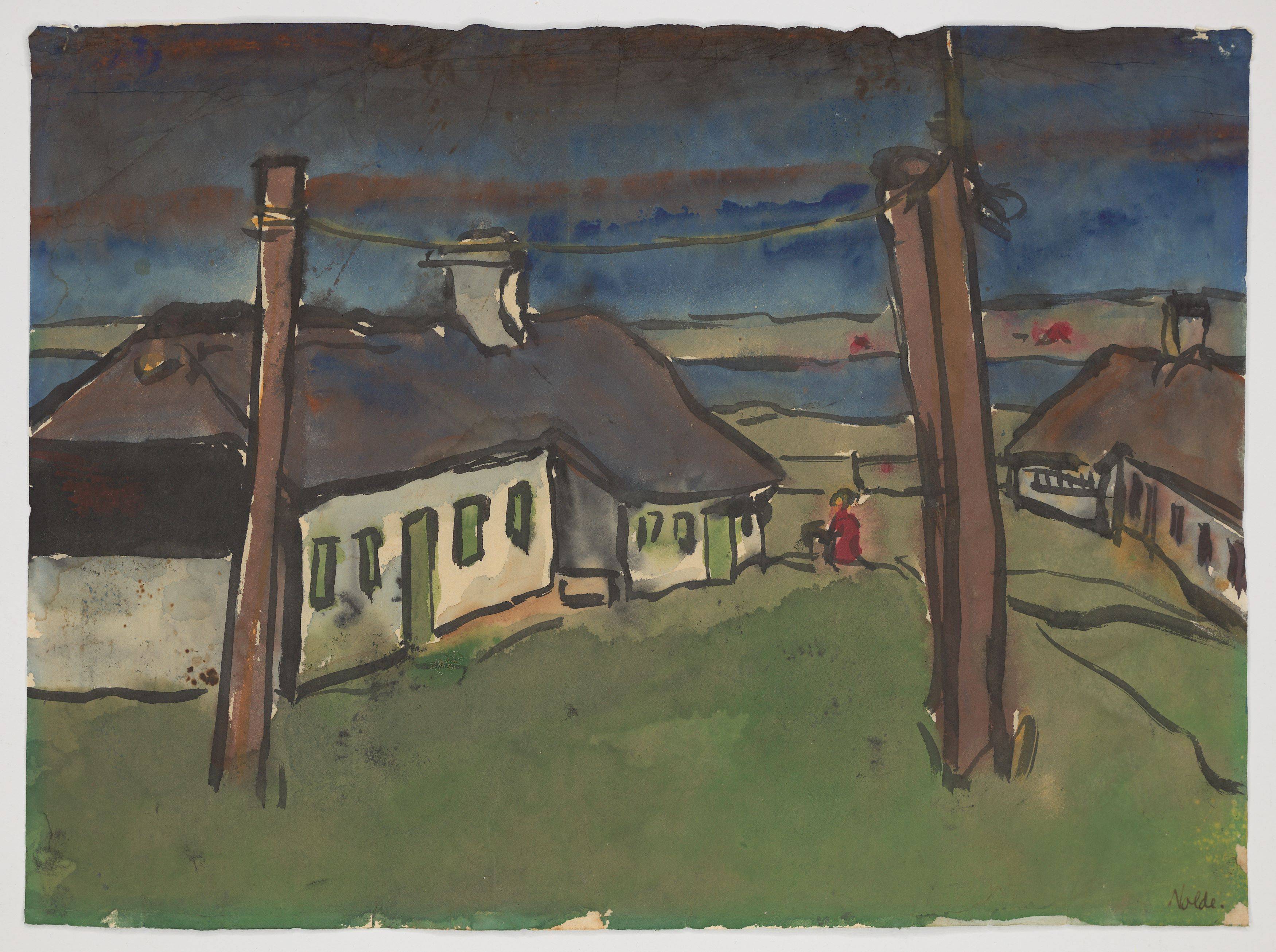 Auf diesem Bild ist das folgende Kunstwerk zu sehen: Emil Nolde. „Friesische Bauernhäuser und Wäschestangen“. 1920er-Jahre.