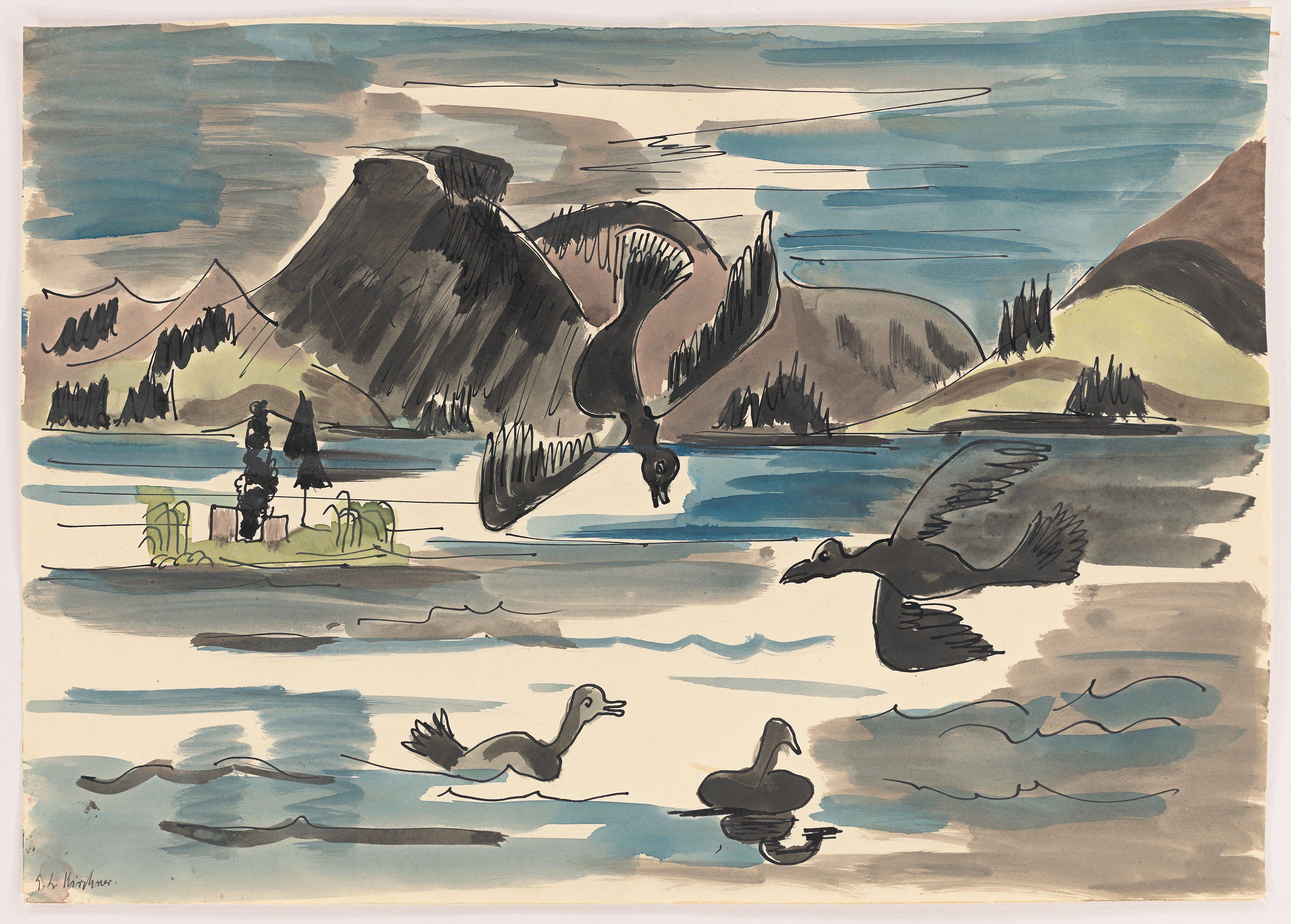 This picture shows the following artwork: Ernst Ludwig Kirchner. Mountain lake with water birds. 1934.