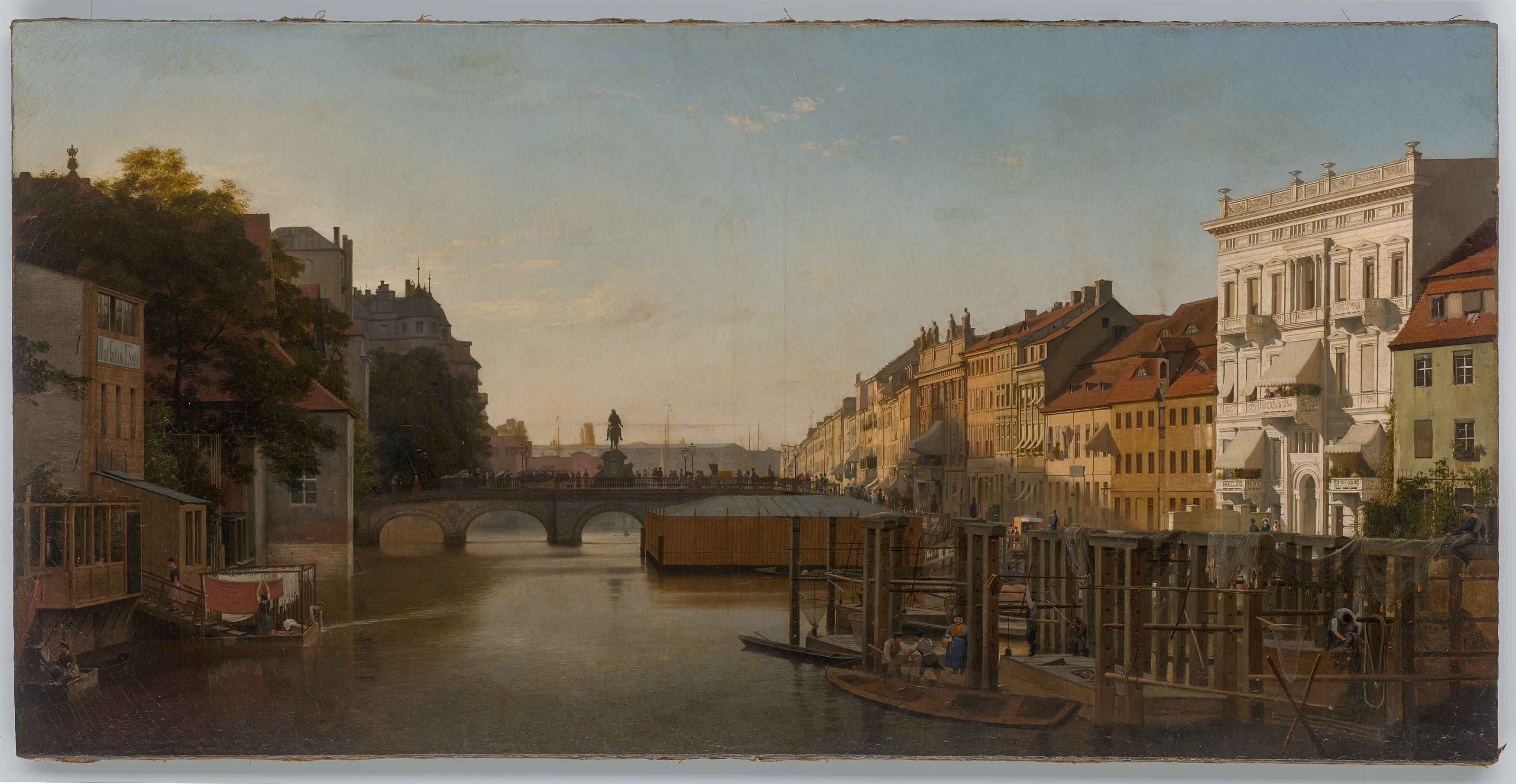 This picture shows the following artwork: Eduard Gaertner. ”Die Lange-Brücke von den Mühlen aus gesehen” (Berlin). 1856.