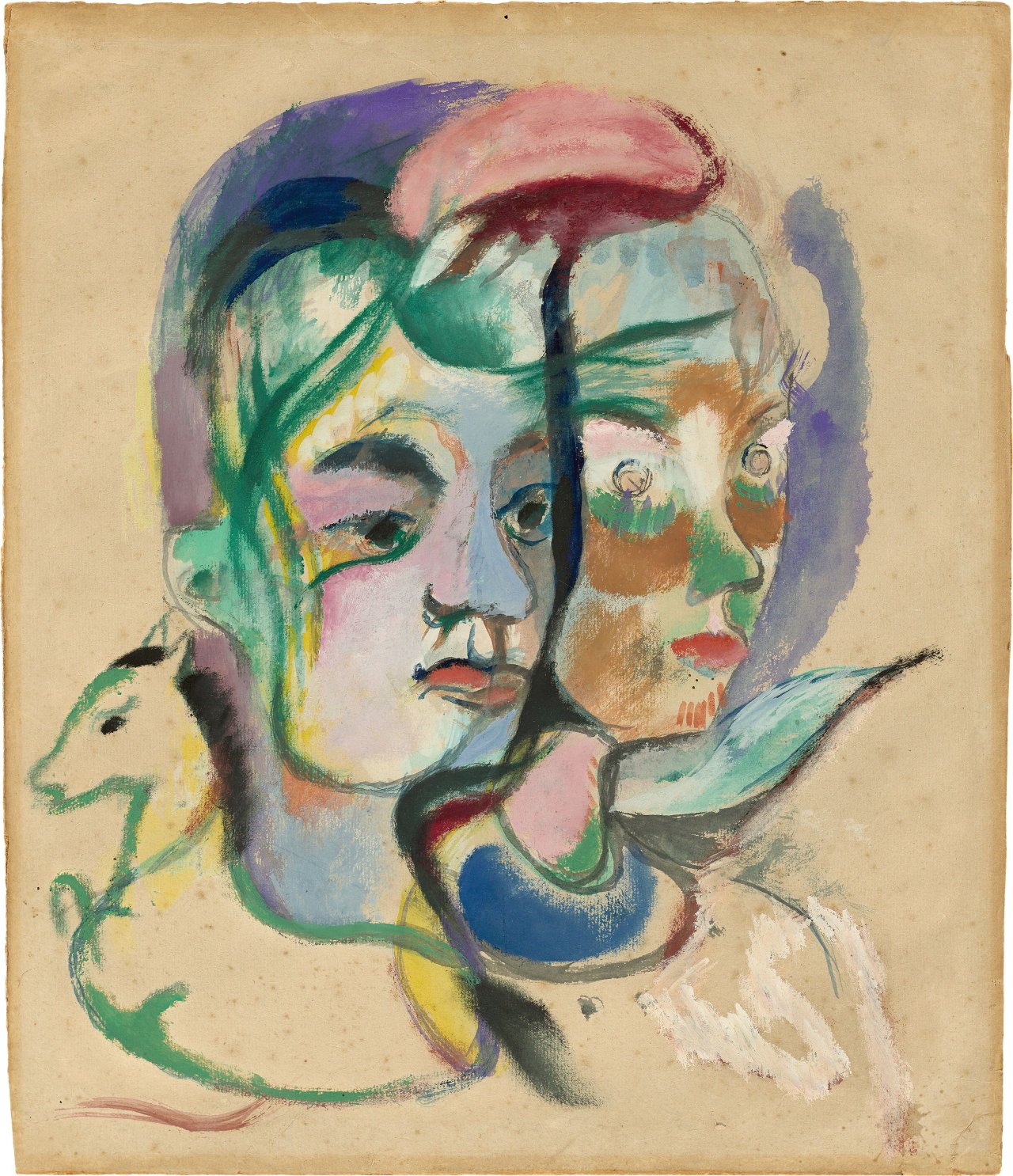 Auf diesem Bild ist das folgende Kunstwerk zu sehen: Heinrich Campendonk. „Zwei Kinderköpfe“. Um 1915.