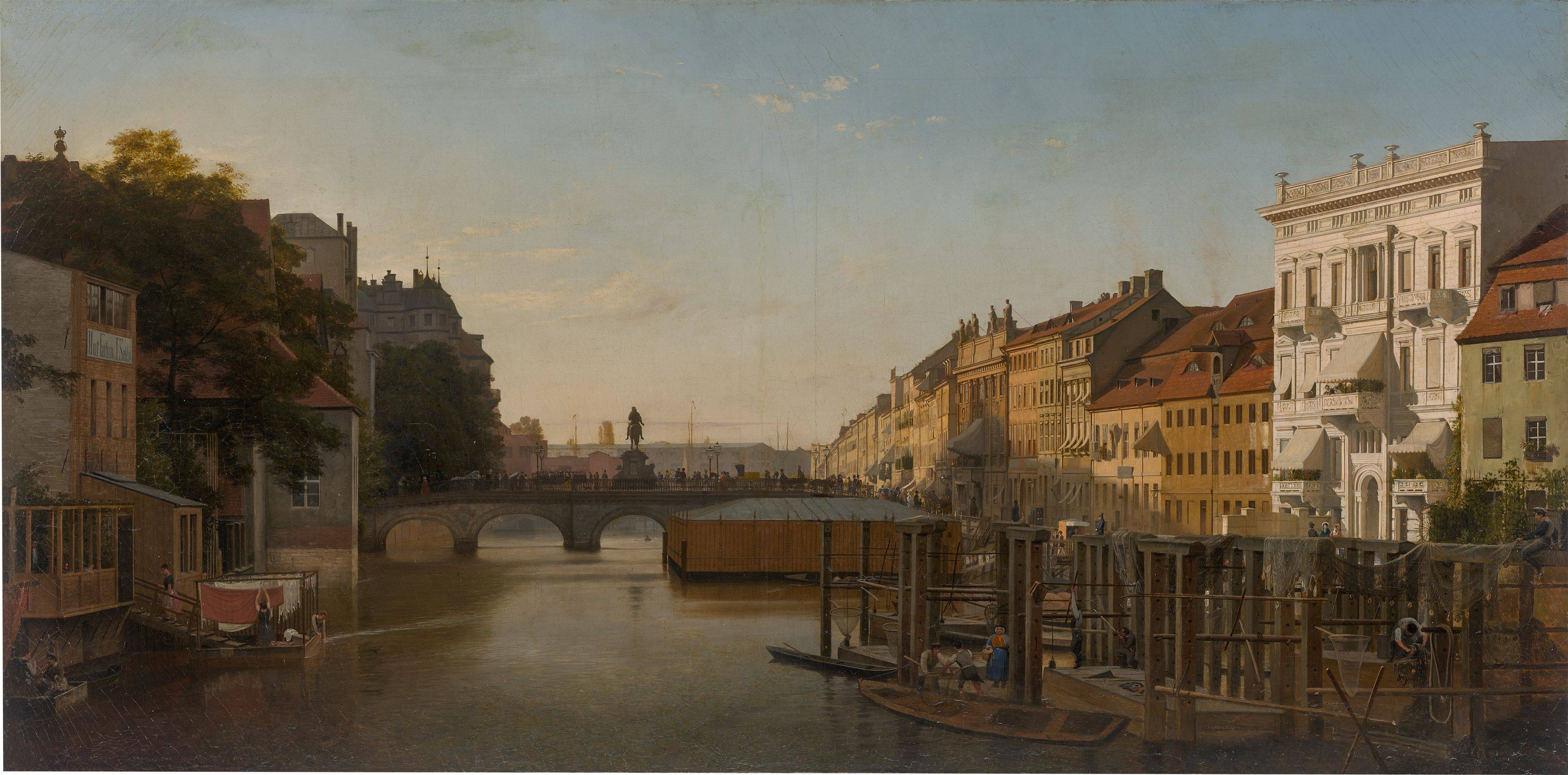 This picture shows the following artwork: Eduard Gaertner. ”Die Lange-Brücke von den Mühlen aus gesehen” (Berlin). 1856.